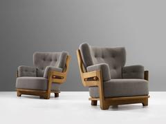 Guillerme & Chambron Set of Two Lounge Chairs in Solid Oak and Grey Upholstery