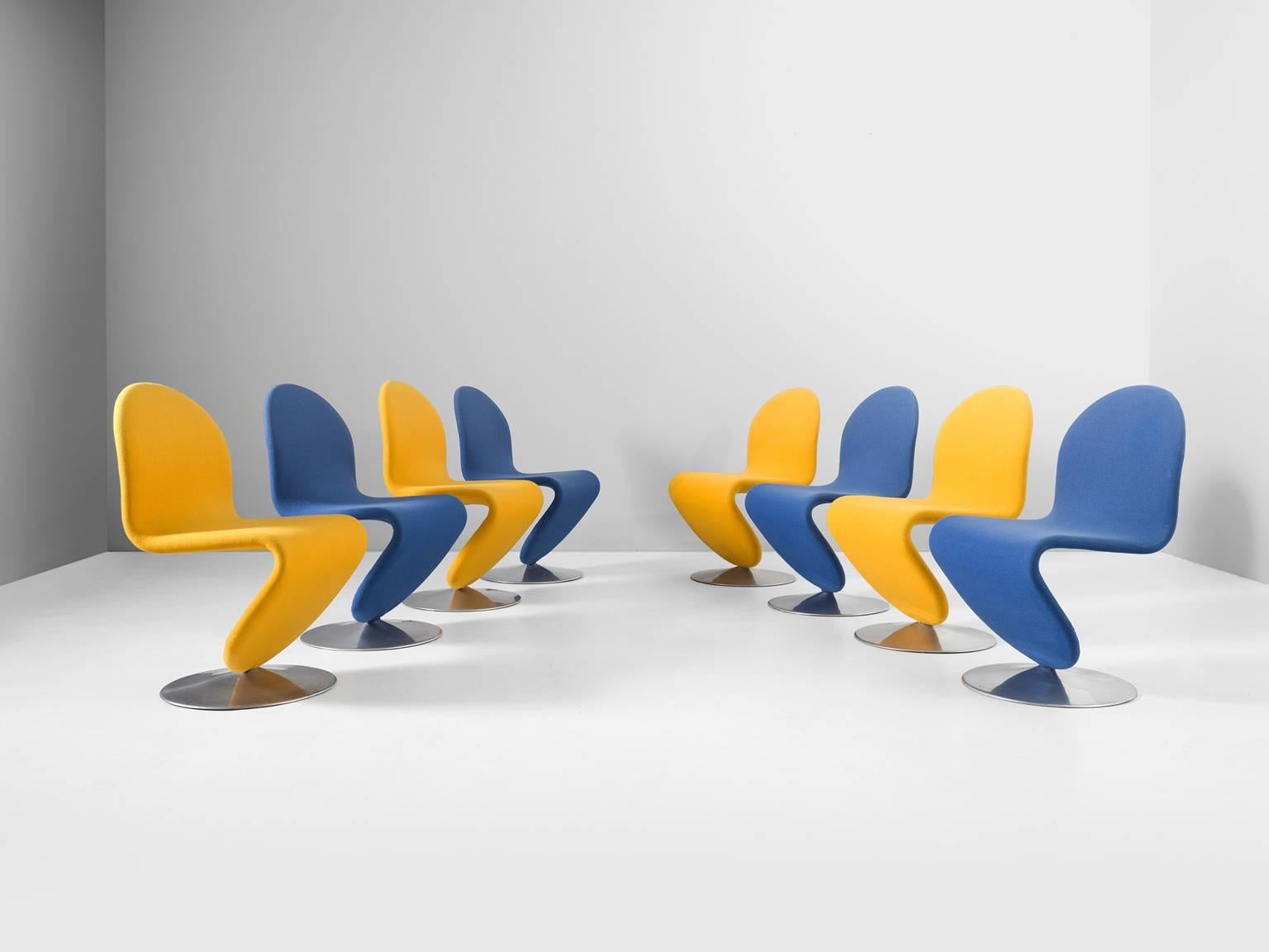 Set of eight dining chairs 'system 1-2-3', in metal and fabric, by Verner Panton for Fritz Hansen, Denmark, 1973.

Set of eight side chairs model 'Chair A' from the 1-2-3 series of Danish designer Verner Panton. Panton is known for his organic and