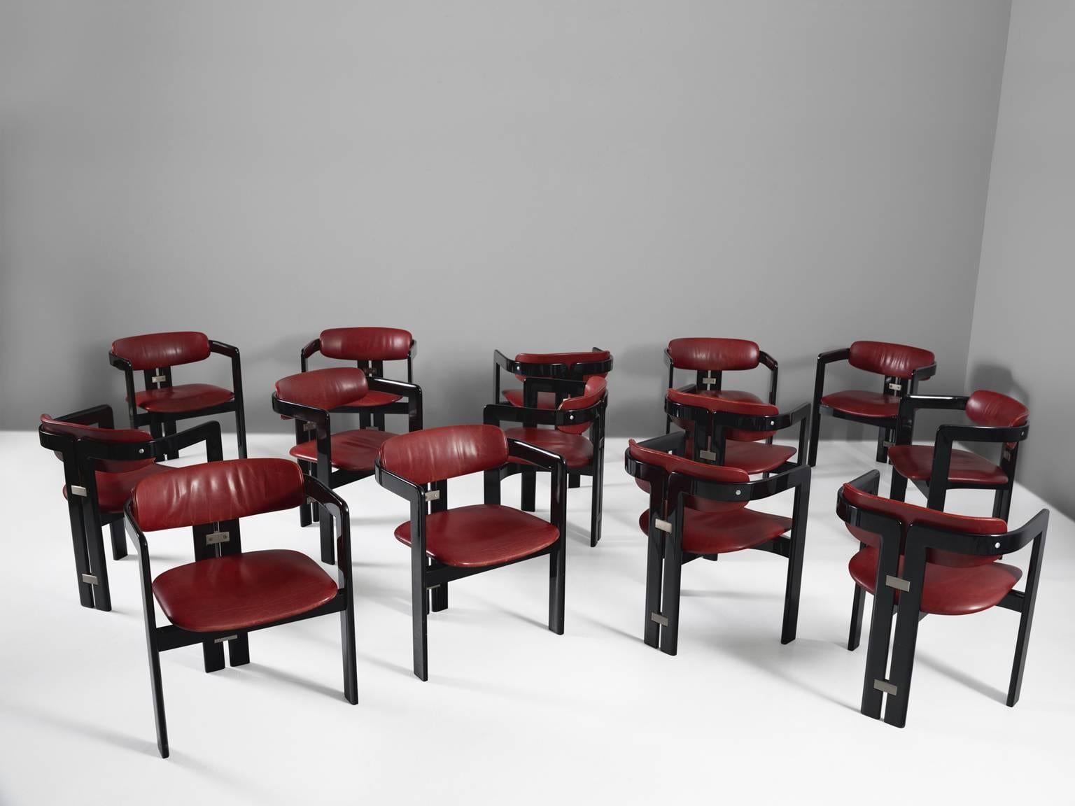 Mid-Century Modern Augusto Savini Set of 14 Dining Room Chairs with Red Leather Upholstery