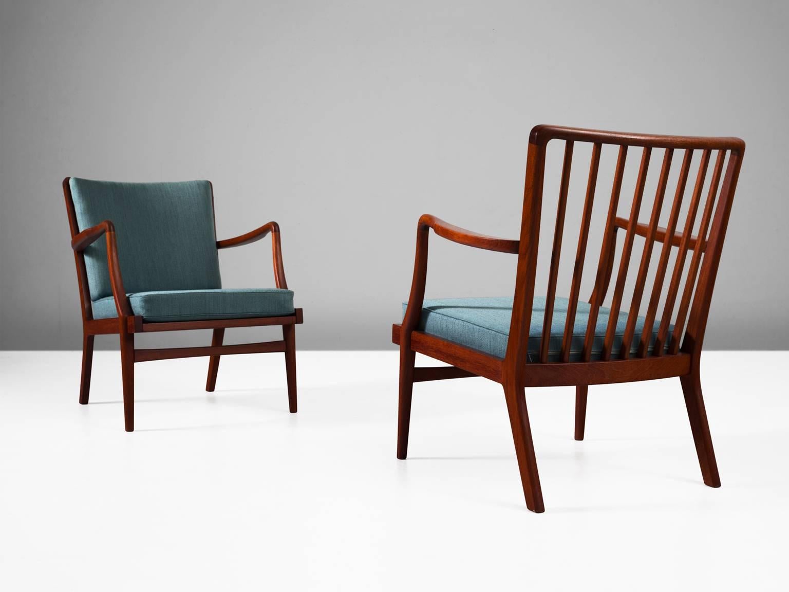 Mid-Century Modern Peder Christensen Set of Two Teak Easy Chairs with Blue Fabric Upholstery