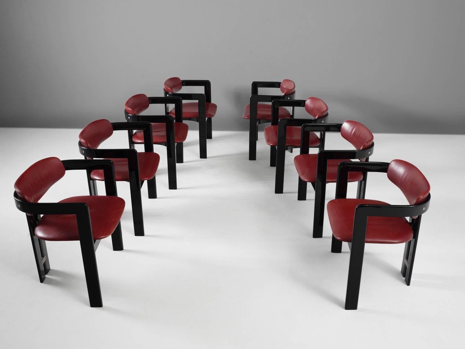 Mid-Century Modern Augusto Savini Set of eight Dining Room Chairs with Red Leather Upholstery