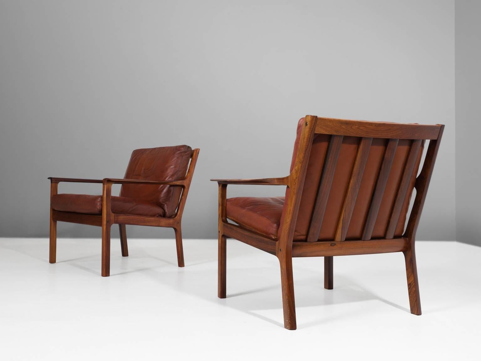 Mid-Century Modern Set of Two Danish Armchairs in Rosewood and Brown Leather Upholstery