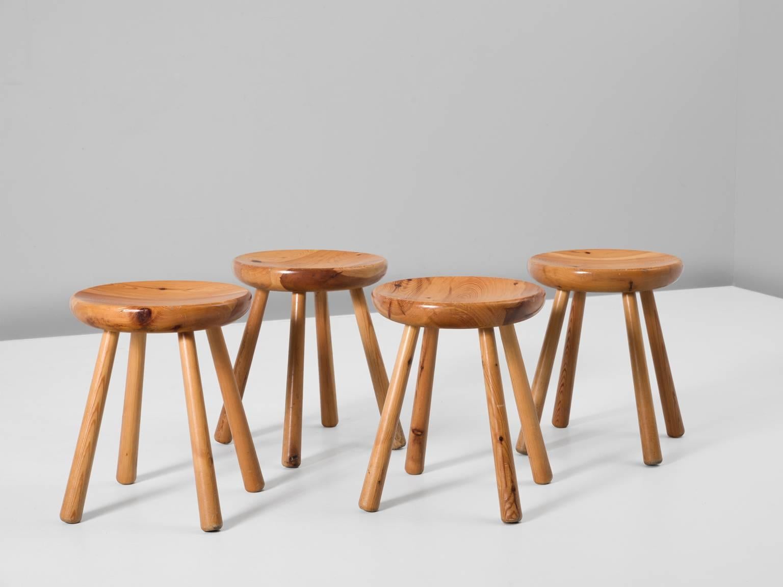 Mid-Century Modern Set of Four Stools in Solid Pine