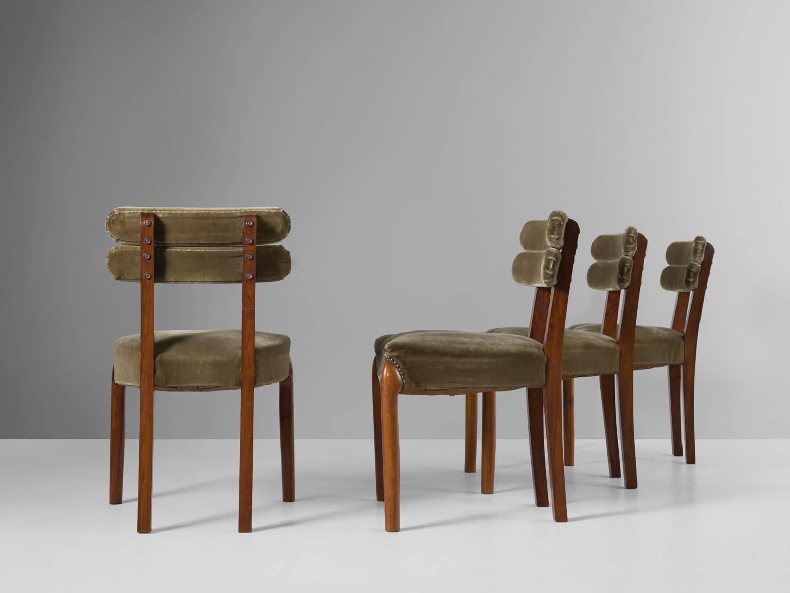 European Set of Six Art Deco Dining Chairs with Brass Details