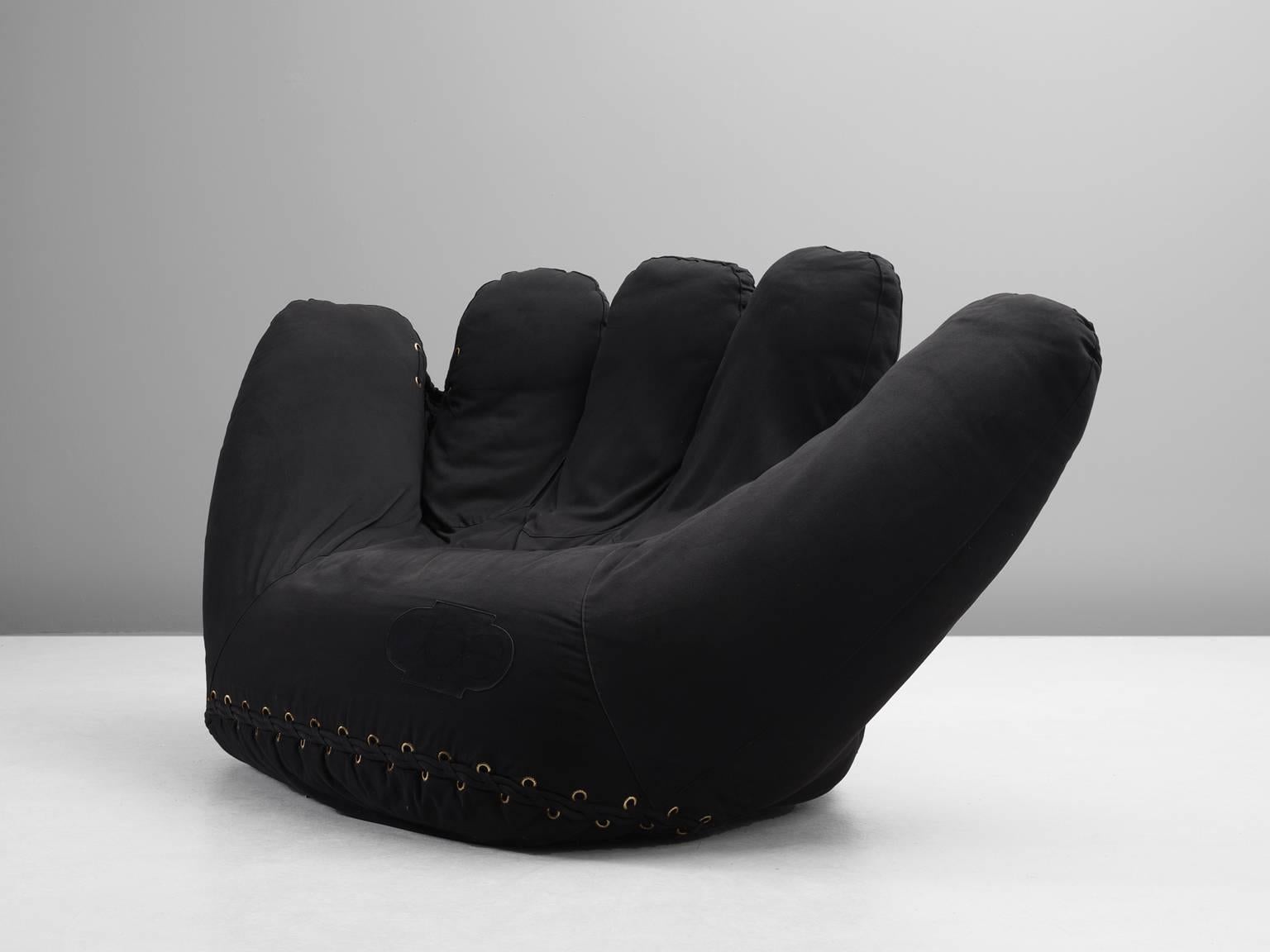 Glove chair, fabric rope, 1970s, Italy.

'A chair that fits like a glove'.

This extraordinary chair is named the 'Joe Seat' and was dedicated to the legendary baseball champion, Joe DiMaggio, the giant Joe Seat was designed in 1970 by Italian