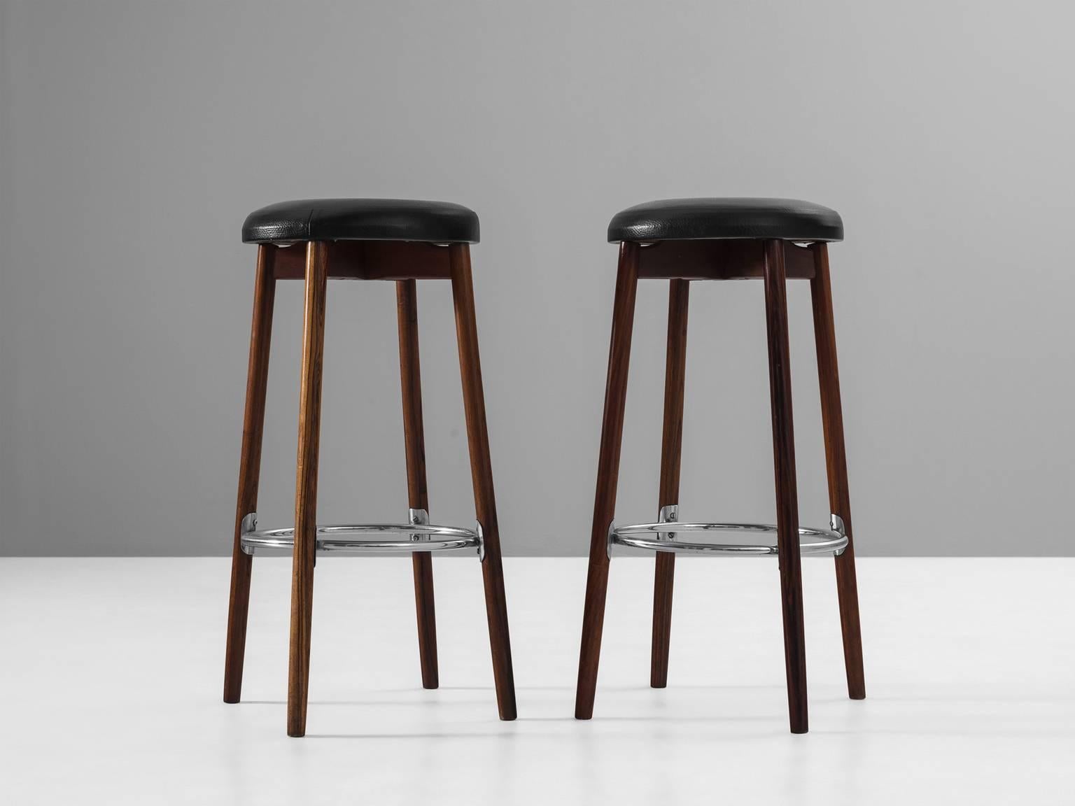 Mid-Century Modern Two Bar Stools in Faux Leather and Rosewood