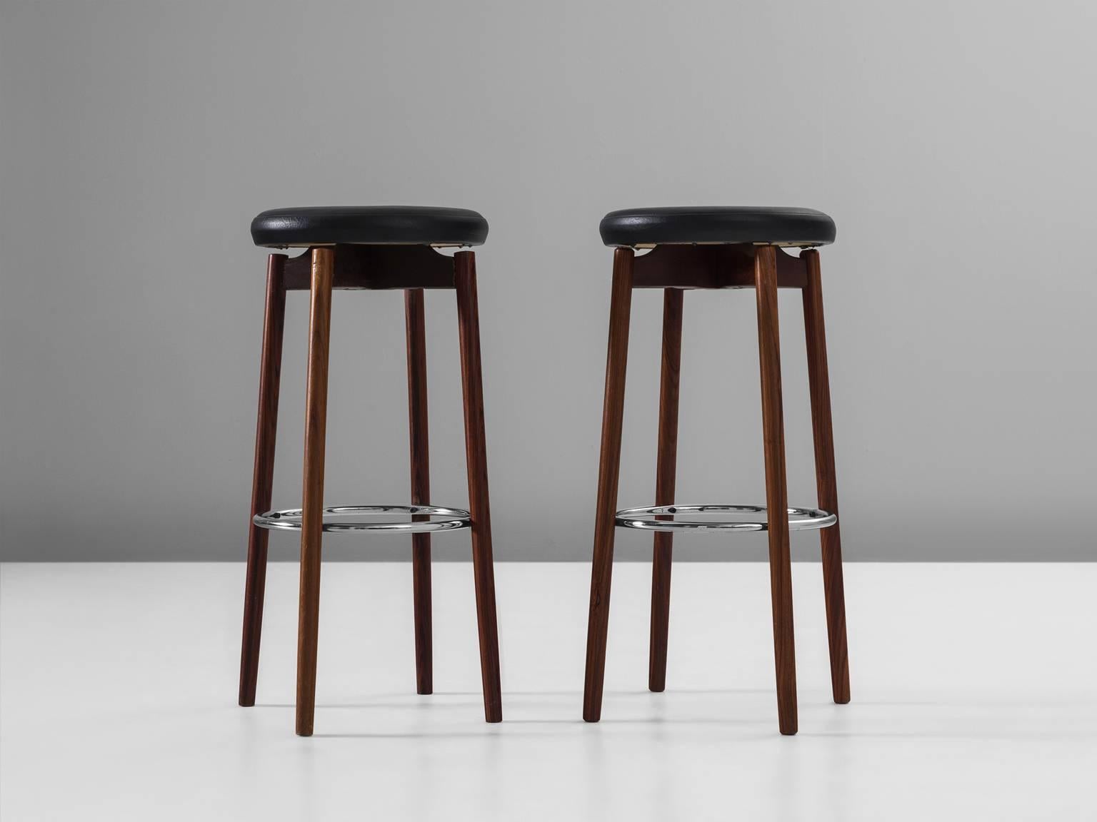 Scandinavian Modern Set of Two Barstools in Faux Leather and Rosewood