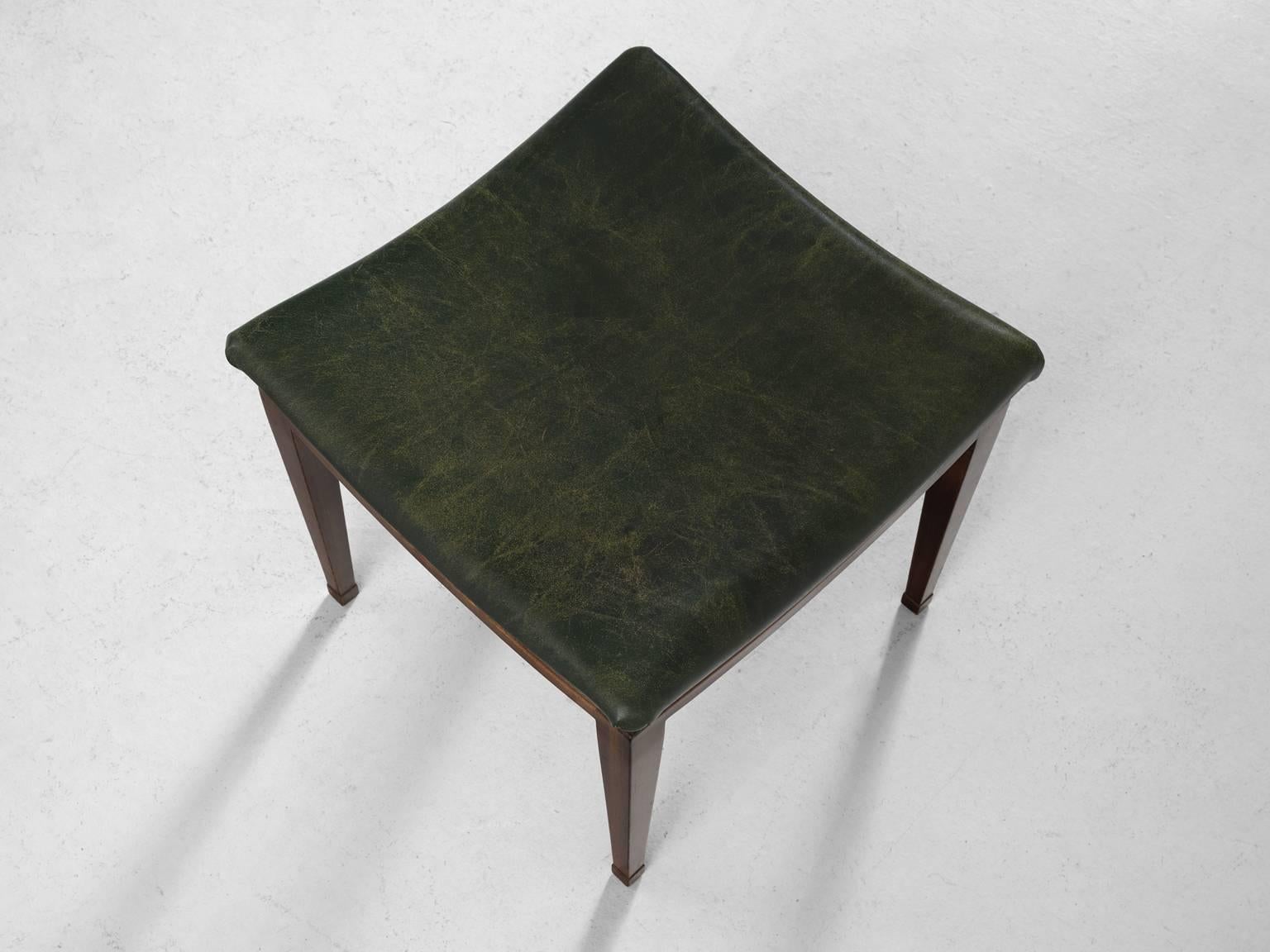 Scandinavian Modern Frits Henningsen Stool in Mahogany and Patinated Leather