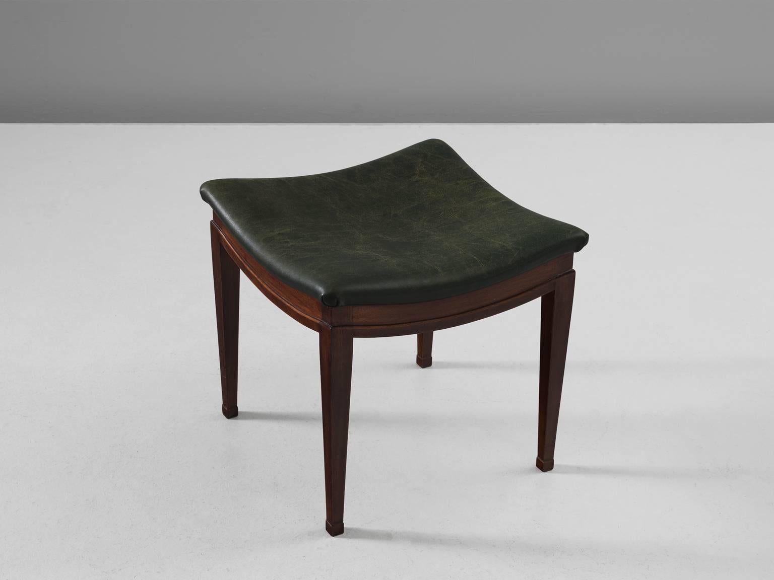 Frits Henningsen Stool in Mahogany and Patinated Leather In Excellent Condition In Waalwijk, NL