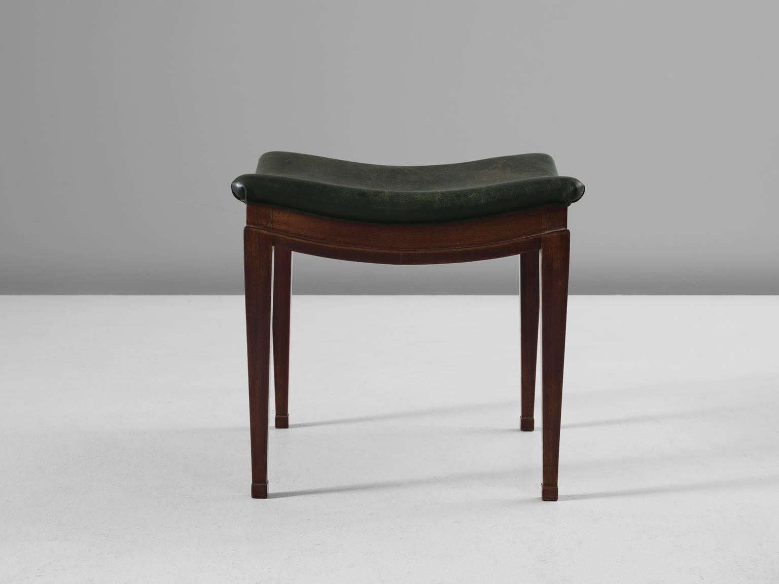 Danish Frits Henningsen Stool in Mahogany and Patinated Leather