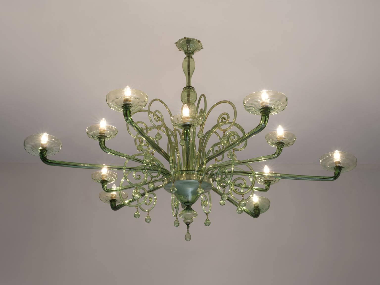 Venini Chandelier, Murano glass and metal, 1930s, Venice, Italy. 

This large Murano glass chandelier has six large arms and six smaller arms which create a stunning light-partition. The chandelier is attributed to Napoleone Martinuzzi for Venini.