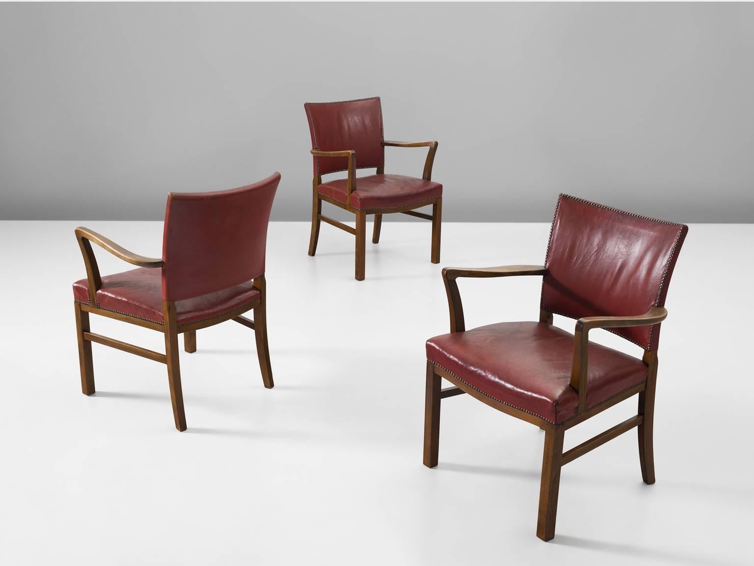 Danish Set of Six Beech Armchairs with Red Leather