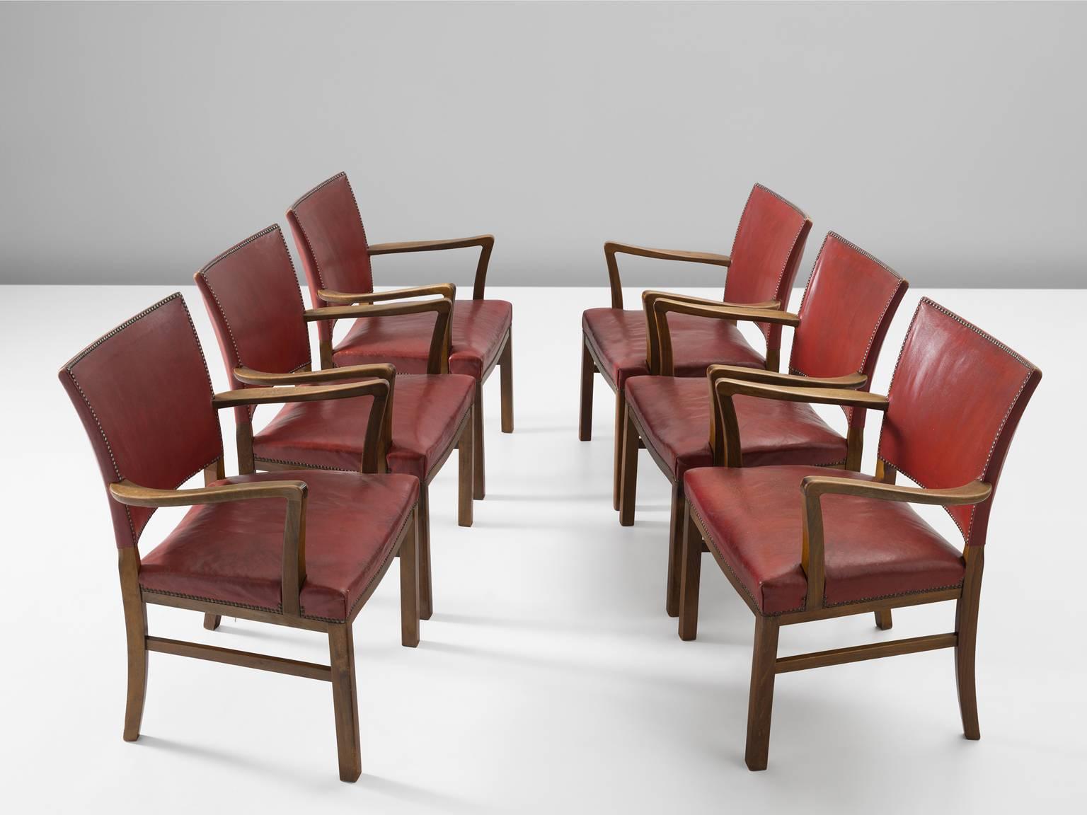 Scandinavian Modern Set of Six Beech Armchairs with Red Leather