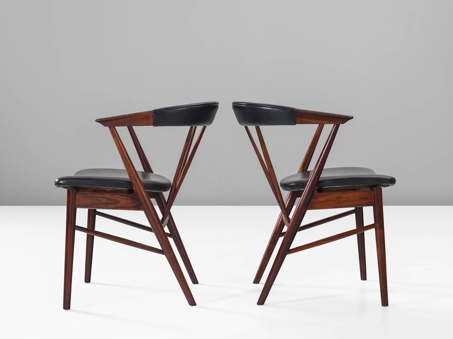 Danish Helge Sibast Roundback Chairs in Rosewood and Leather