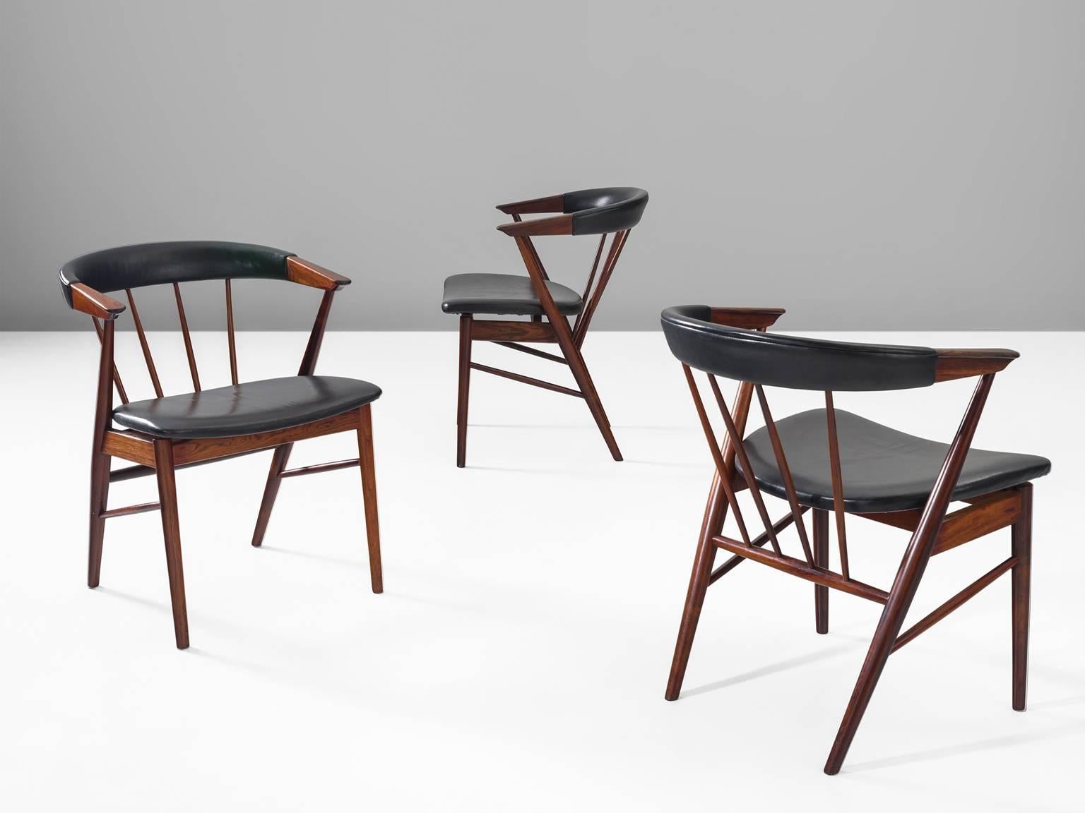 Scandinavian Modern Helge Sibast Roundback Chairs in Rosewood and Leather