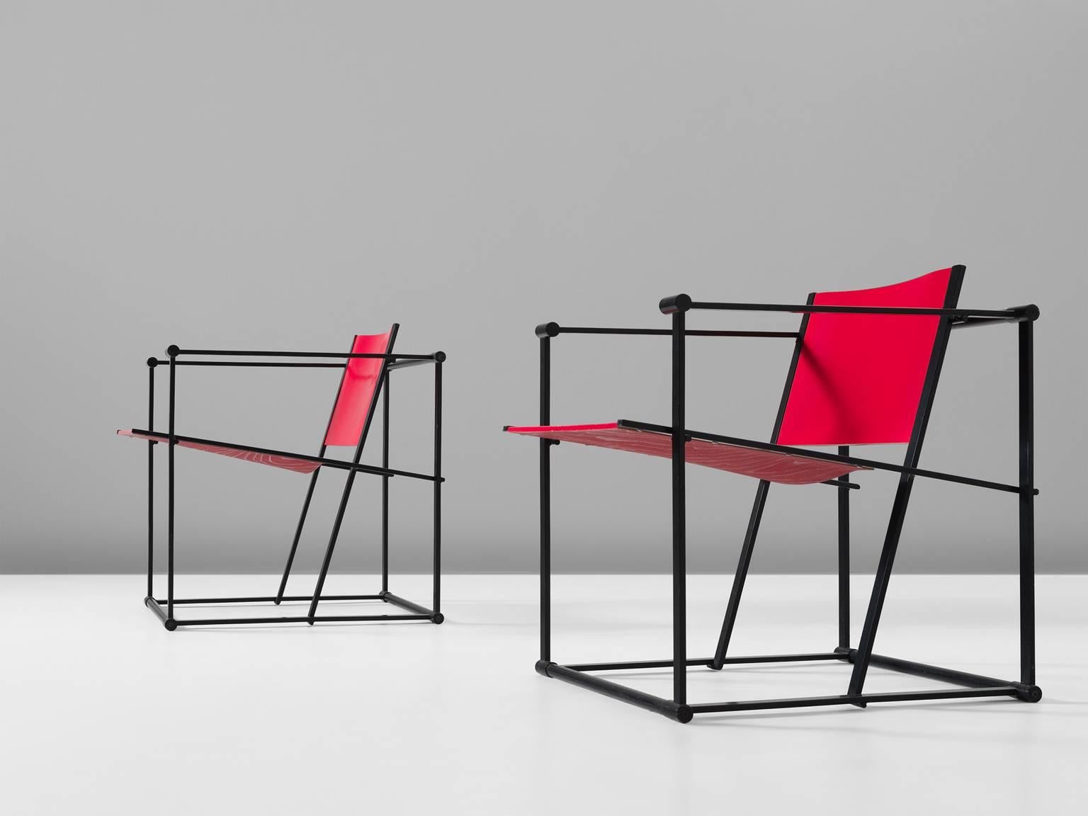 Pair of armchairs model FM61, in steel and red plywood, by Radboud van Beekum for UMS Pastoe, The Netherlands 1981. 

Cube lounge chairs by Radboud van Beekum. This model was first presented at the 1980 Triennial in Poznan. After which Pastoe