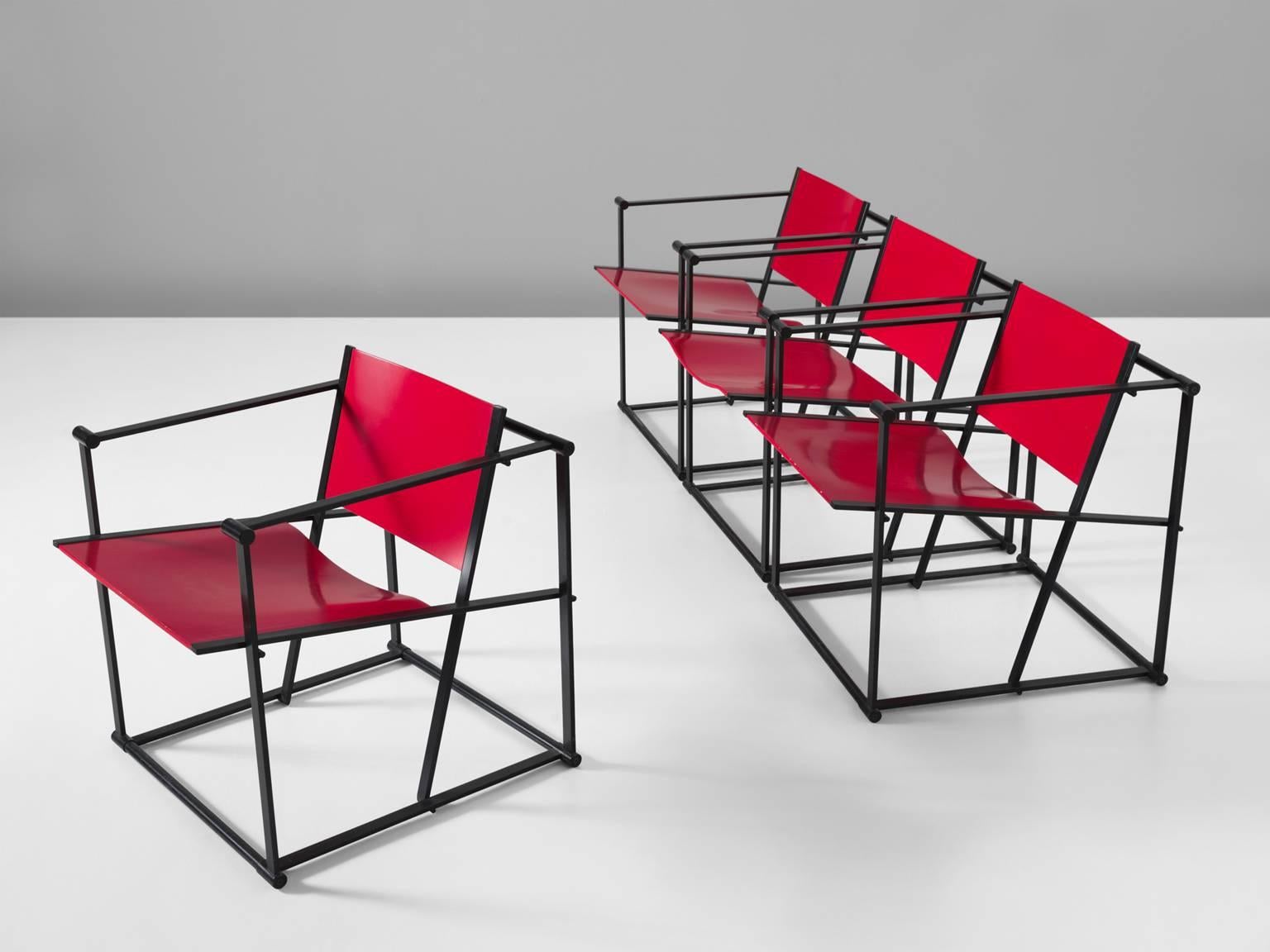 Set of four armchairs model FM61, in steel and red plywood, by Radboud Van Beekum for Pastoe, The Netherlands 1981. 

Cube lounge chairs by Radboud Van Beekum. This model was first presented at the 1980 Triennial in Poznan. After which Pastoe