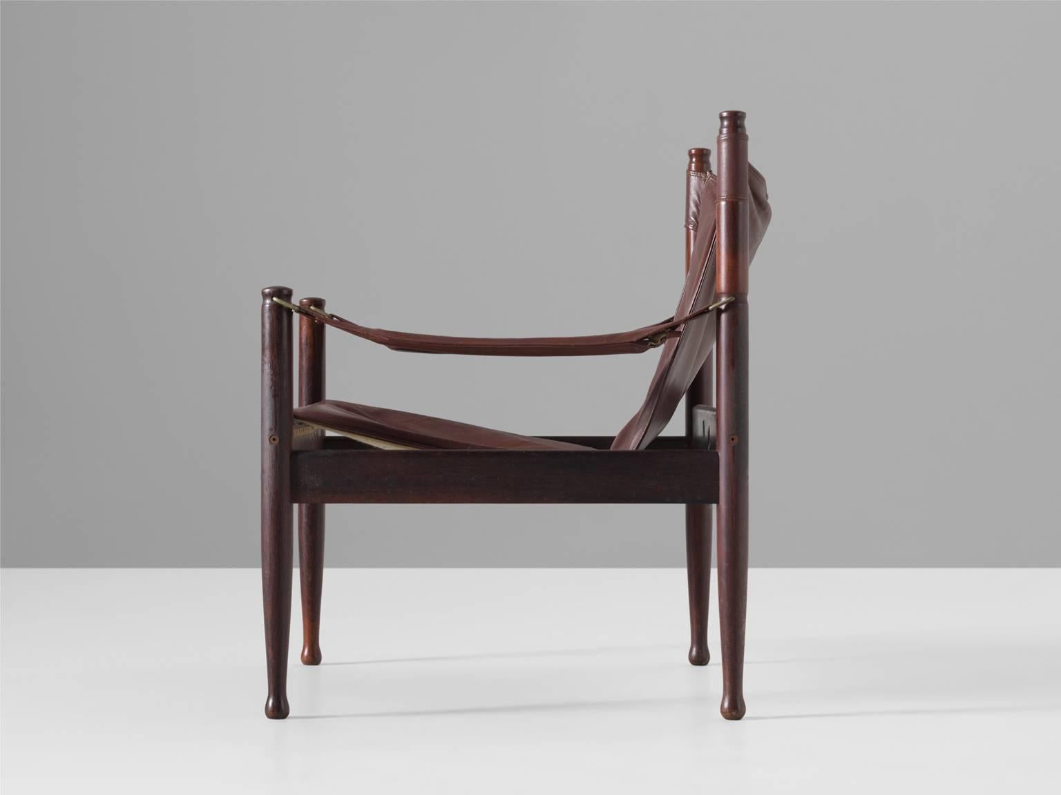 Danish Erik Wørts Safari Lounge Chair in Rosewood and Brown Leather