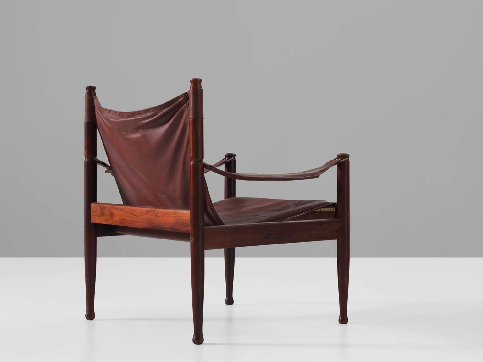 Scandinavian Modern Erik Wørts Safari Lounge Chair in Rosewood and Brown Leather