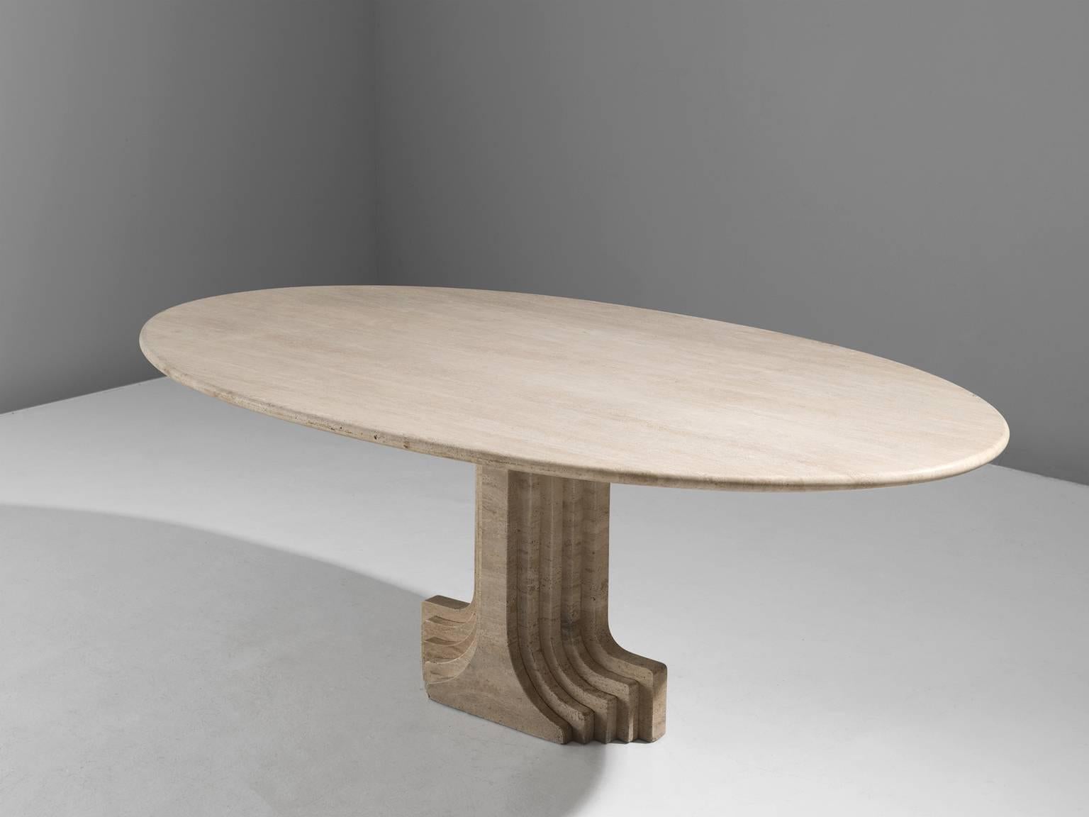 Carlo Scarpa, oval 'Argo' travertine table, Italy, 1970. 

Carlo Scarpa (1906-1978) was trained as an architect and influenced by various themes. His main focus was the material itself followed by nature, Venetian and Japanese culture. This 'Samo'