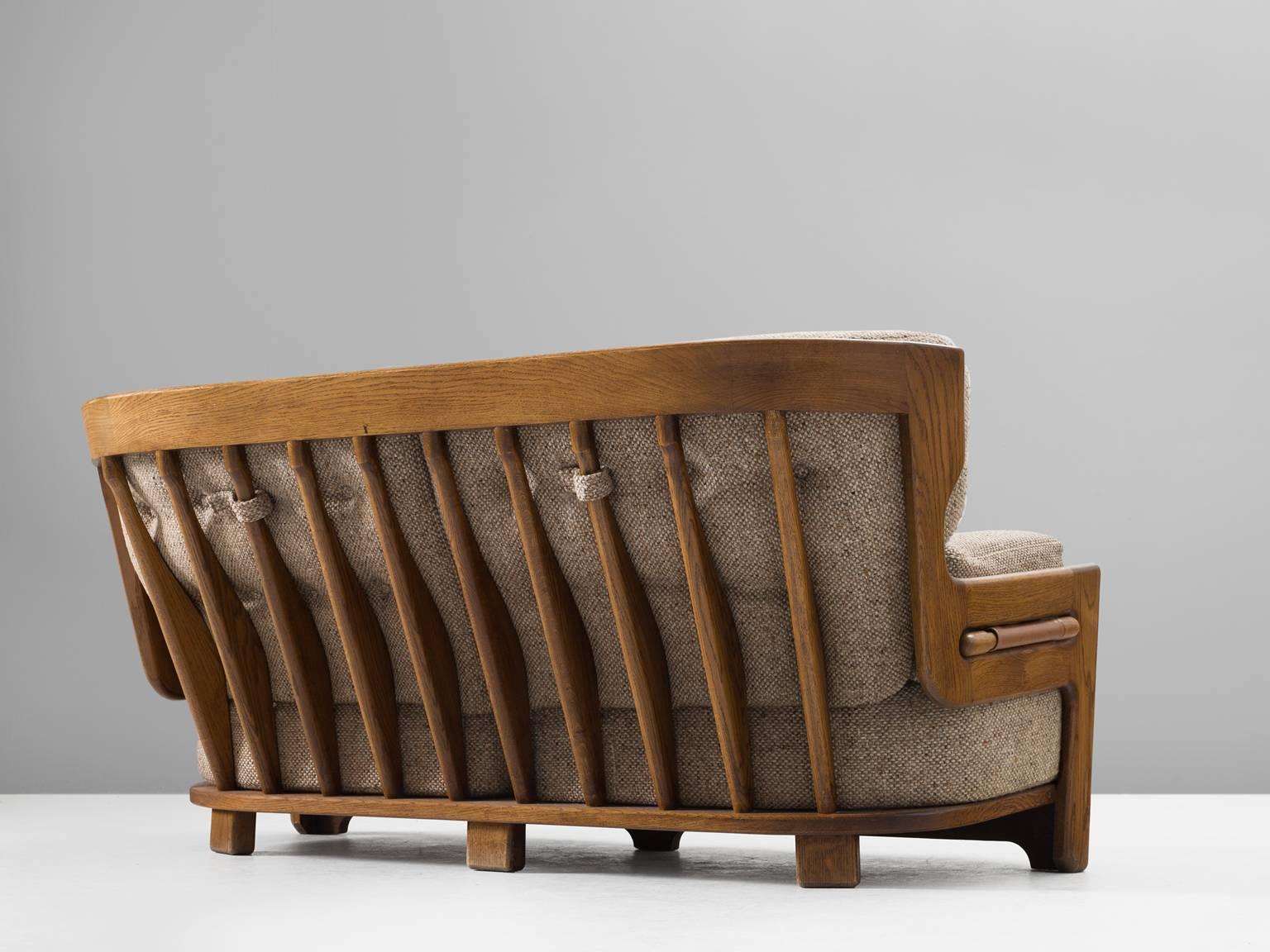 French Guillerme & Chambron Sofa in Oak and Fabric