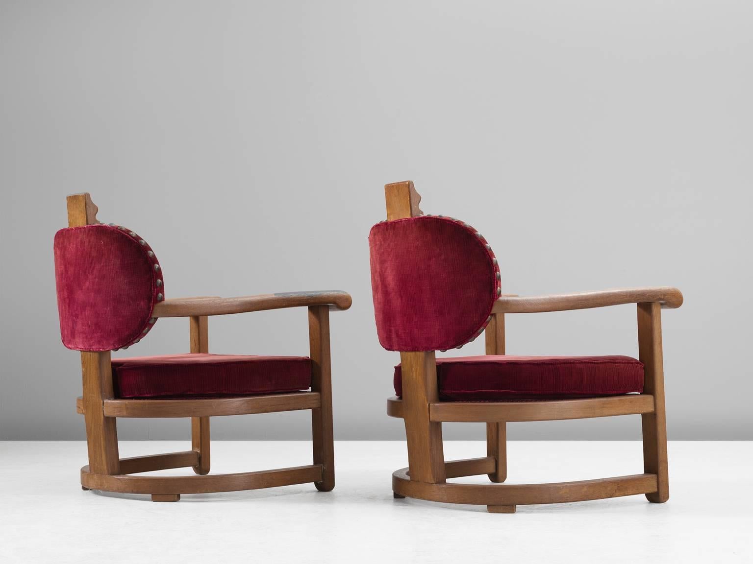 European Set of Two Art Deco Lounge Chairs in Solid Oak and Red Upholstery