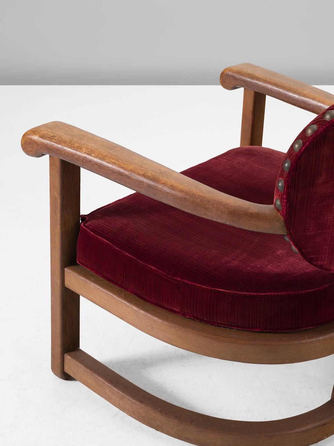 Velvet Set of Two Art Deco Lounge Chairs in Solid Oak and Red Upholstery