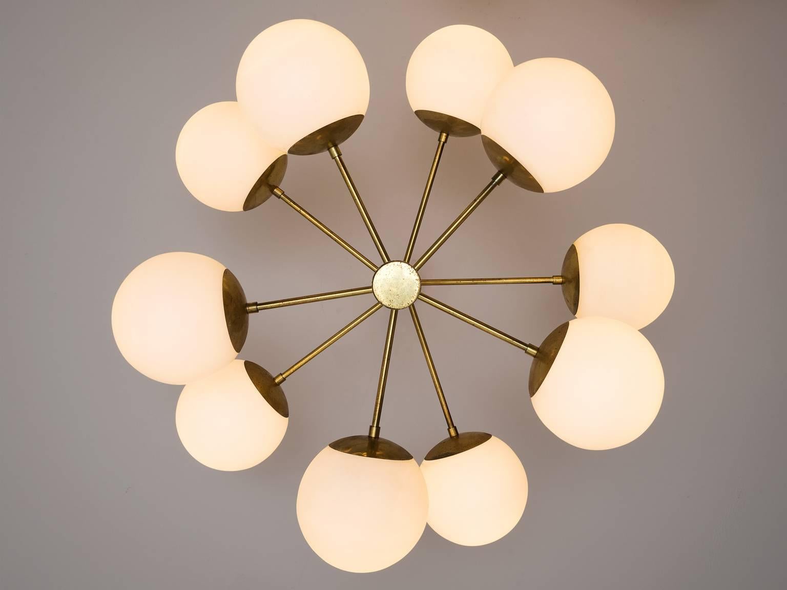 Seven Sputnik Chandeliers with Opaline Glass and Brass In Good Condition In Waalwijk, NL