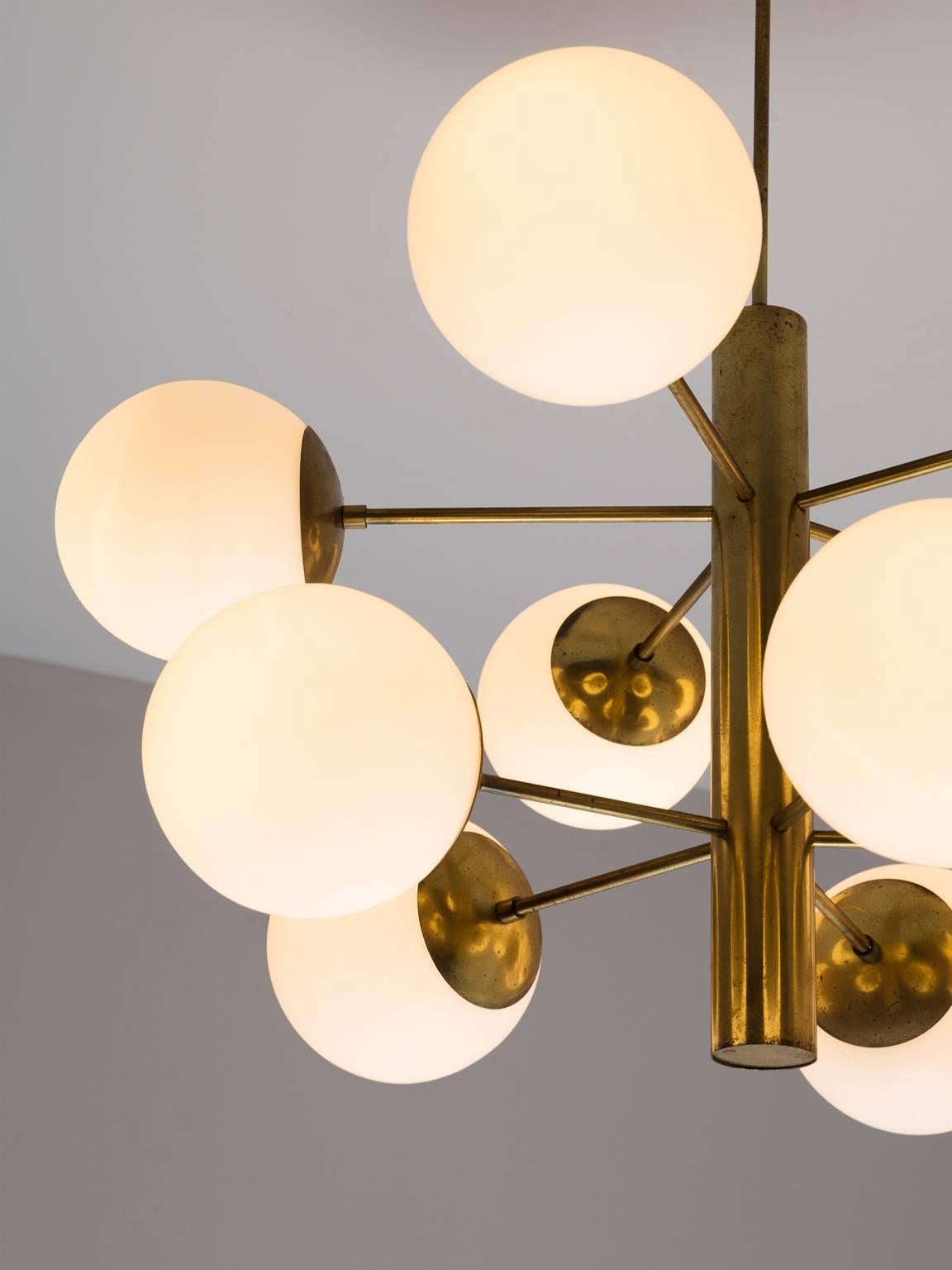 Late 20th Century Seven Sputnik Chandeliers with Opaline Glass and Brass