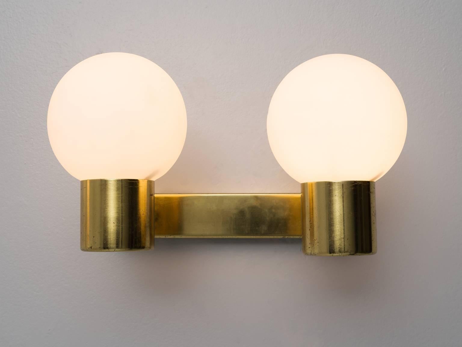 Mid-Century Modern Pair of Brass Opaline Wall Lights