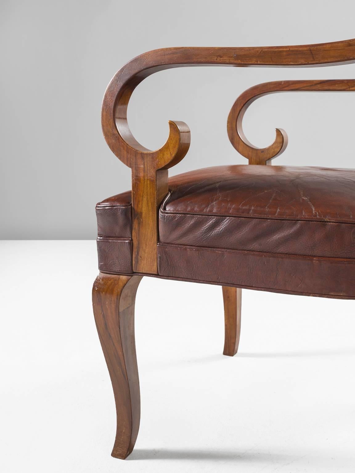 Scandinavian Modern Danish Armchair in Original Leather and Walnut