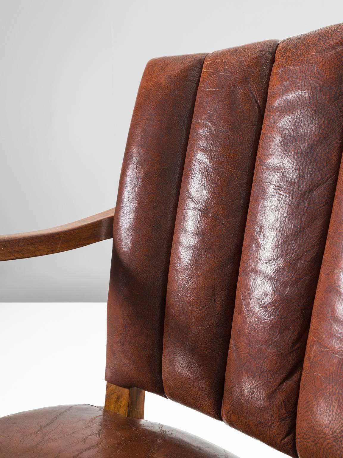 Mid-20th Century Danish Armchair in Original Leather and Walnut
