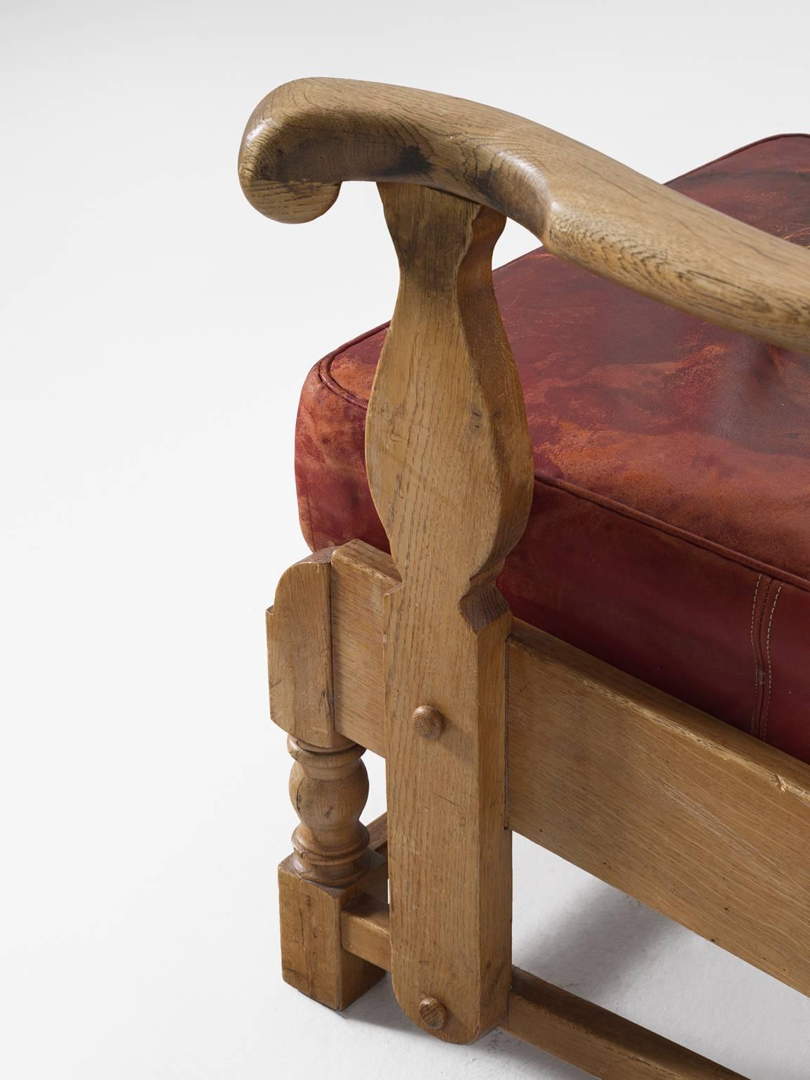 Danish Red Leather and Oak Wingback Chair In Good Condition In Waalwijk, NL