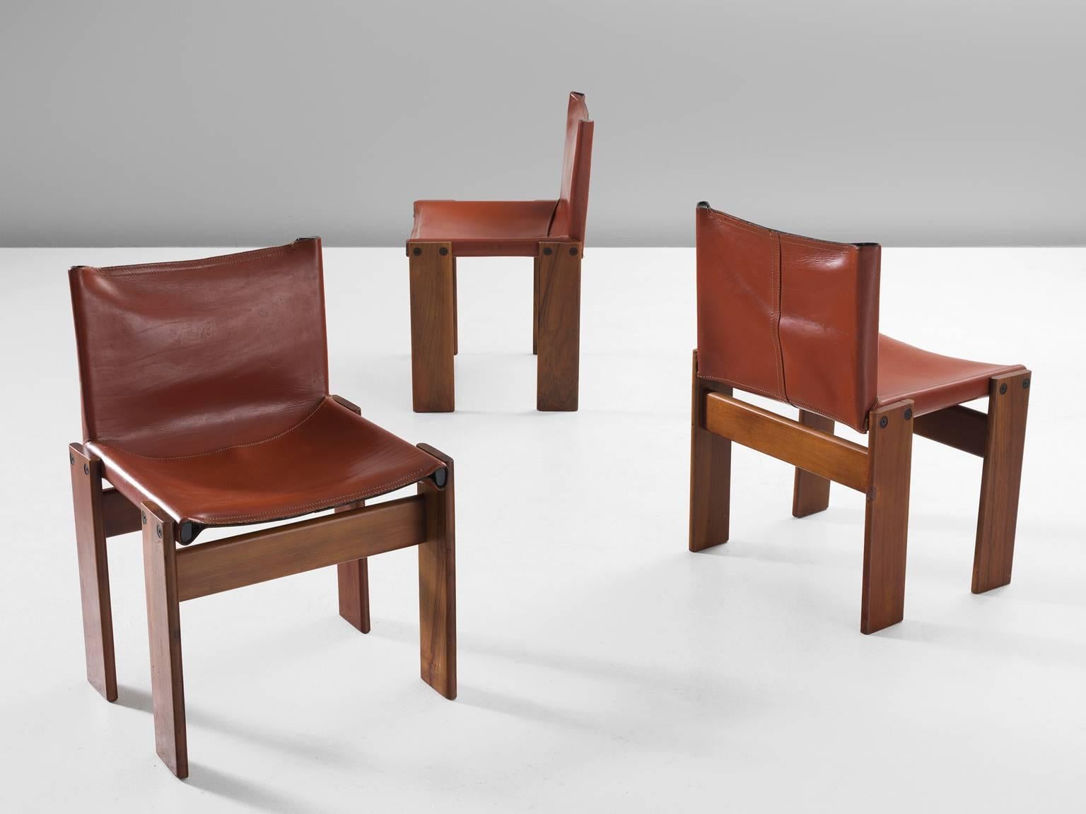 Mid-Century Modern Scarpa Monk Chairs in Sienna Red Leather and Oak