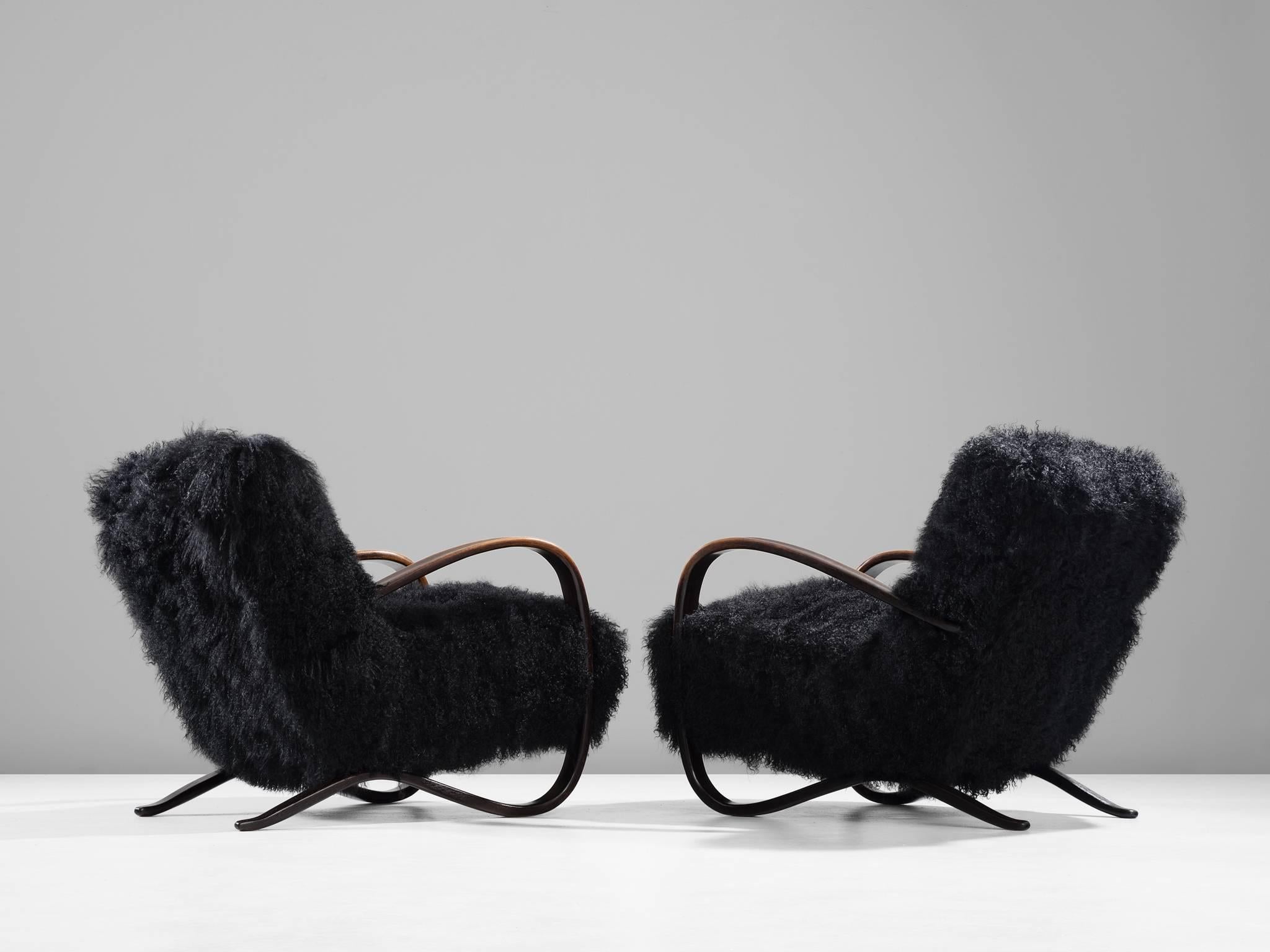 Stained Jindrich Halabala Lounge Chairs in Black Tibetan Lambswool