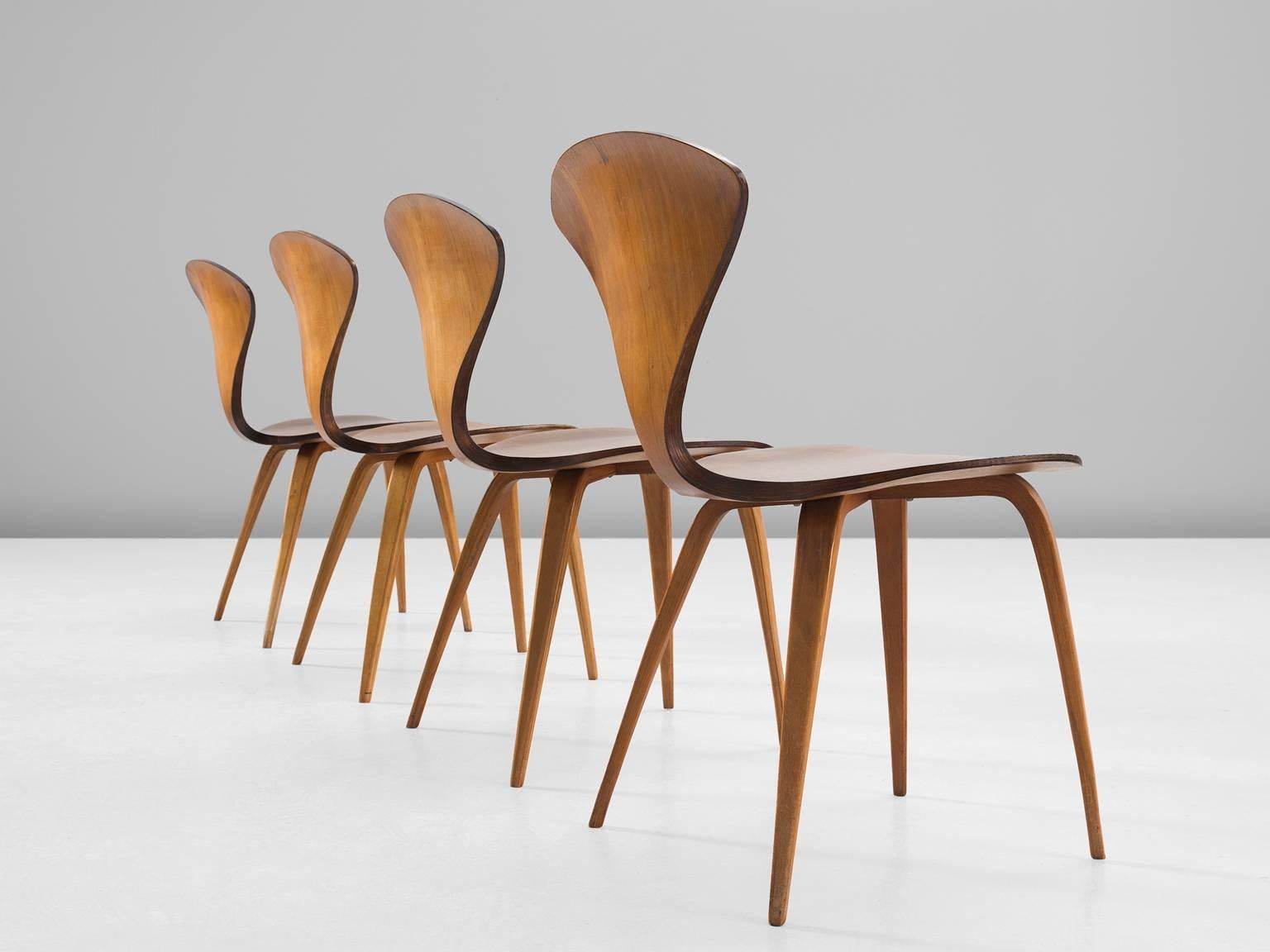 Mid-Century Modern Norman Cherner Set of Four Dining Chairs in Walnut Plywood