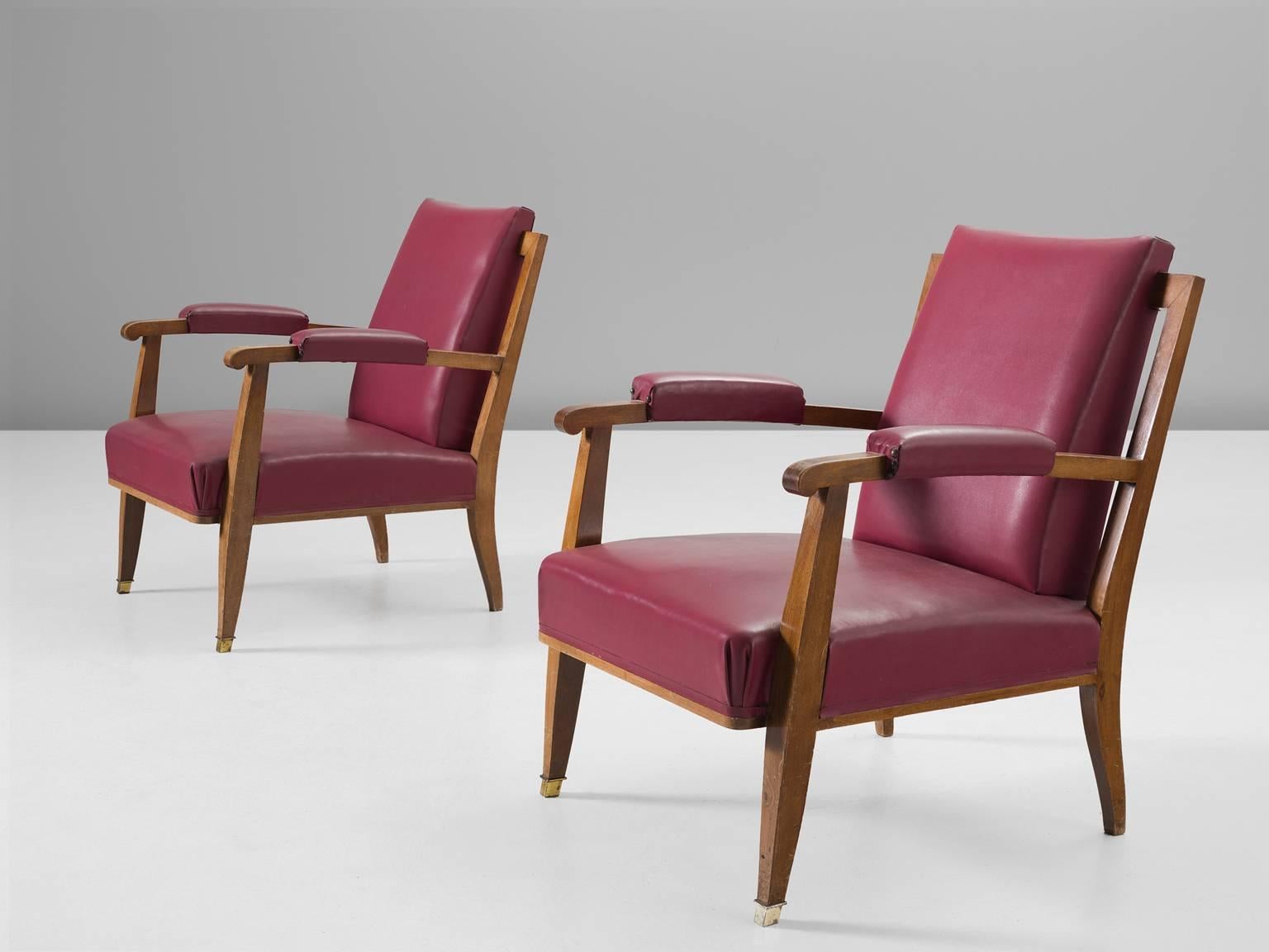 Mid-Century Modern Jules Leleu Pair of Pink Faux Leather Armchairs