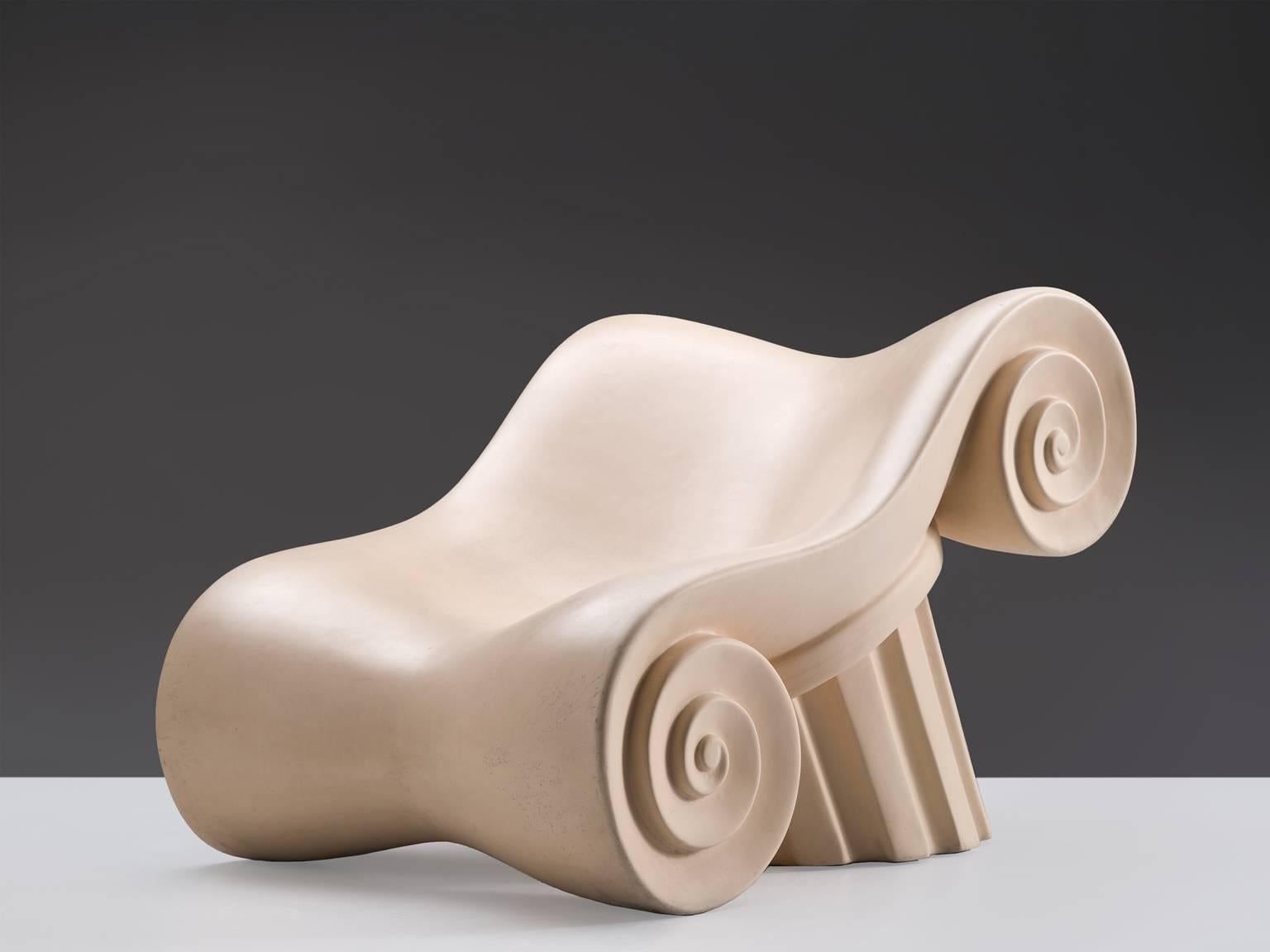 Capitello armchair, polyurethane foam, by Studio 65, Gufram, Italy, 1971. 

This lounge chair is molded into the form of uppermost architectural element of the Greek Ionic column: the capitol. The irony is that this chair uses the original shape