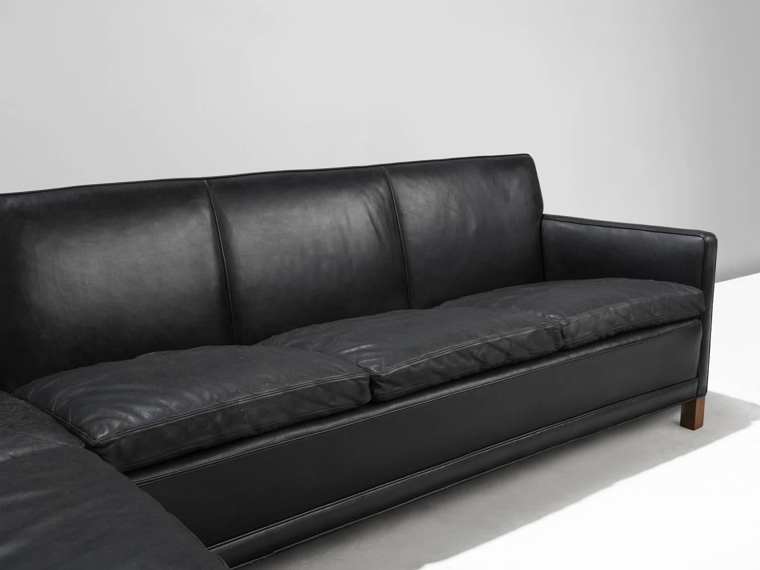 Scandinavian Modern Danish Corner Sofa in Leather and Wood