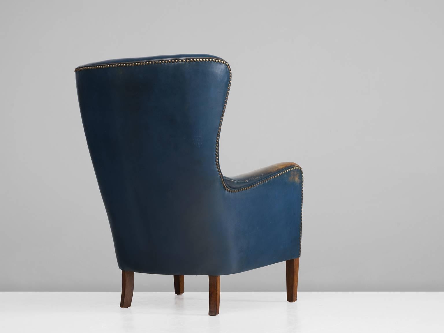 Scandinavian Modern Danish Easy Chair in Blue Original Leather
