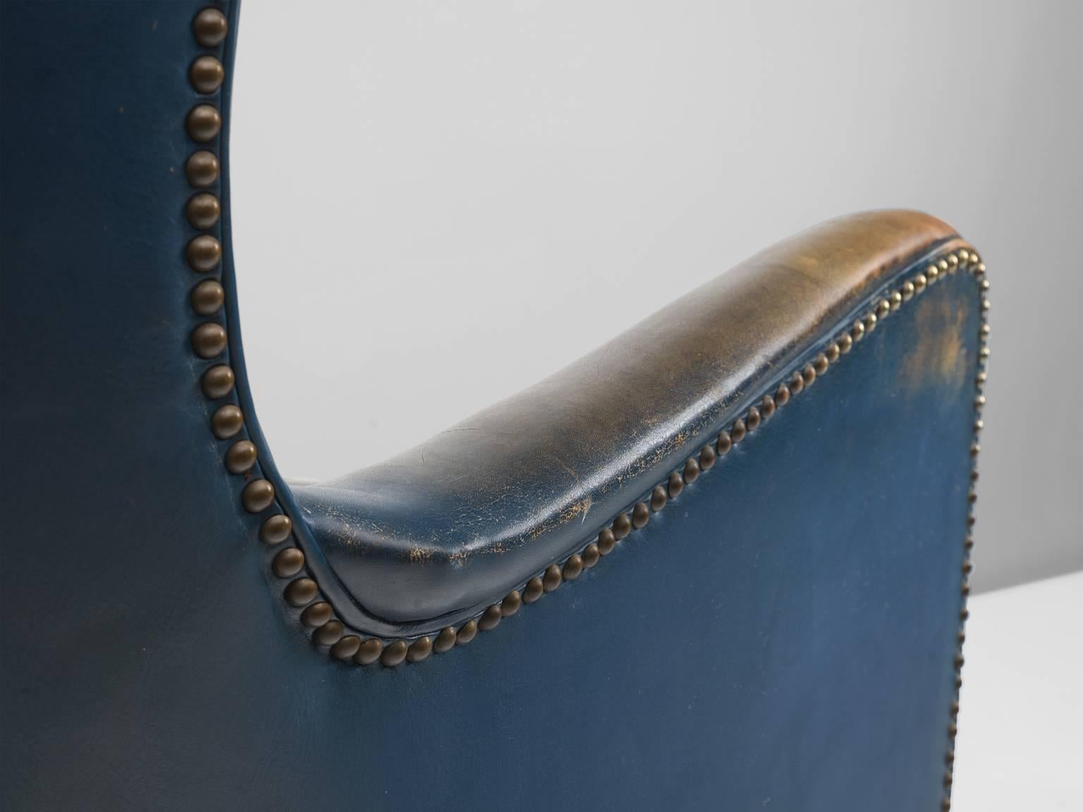 Mid-20th Century Danish Easy Chair in Blue Original Leather