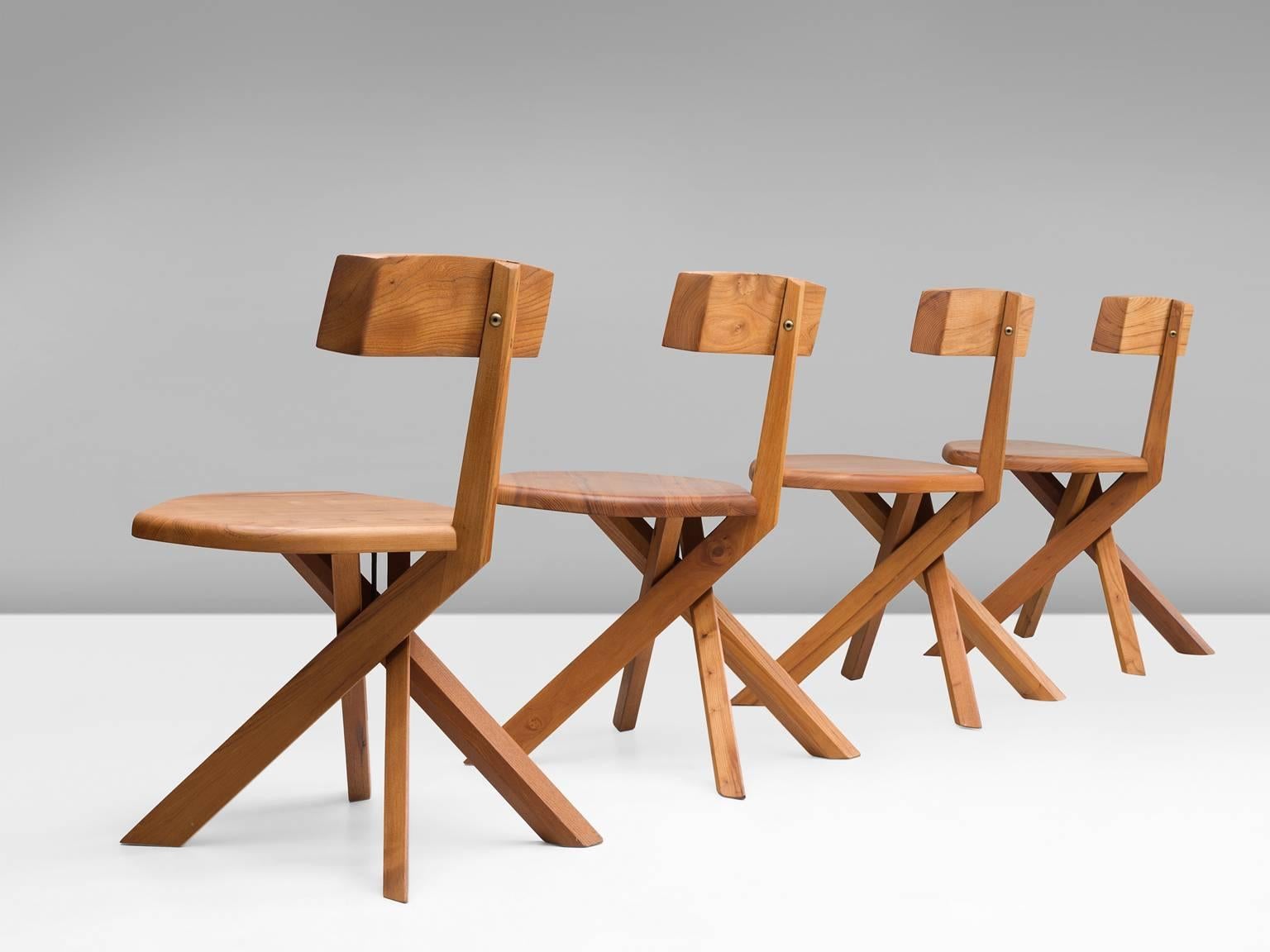 Mid-Century Modern Pierre Chapo Set of Four Small Asymmetrical Chairs in Elm