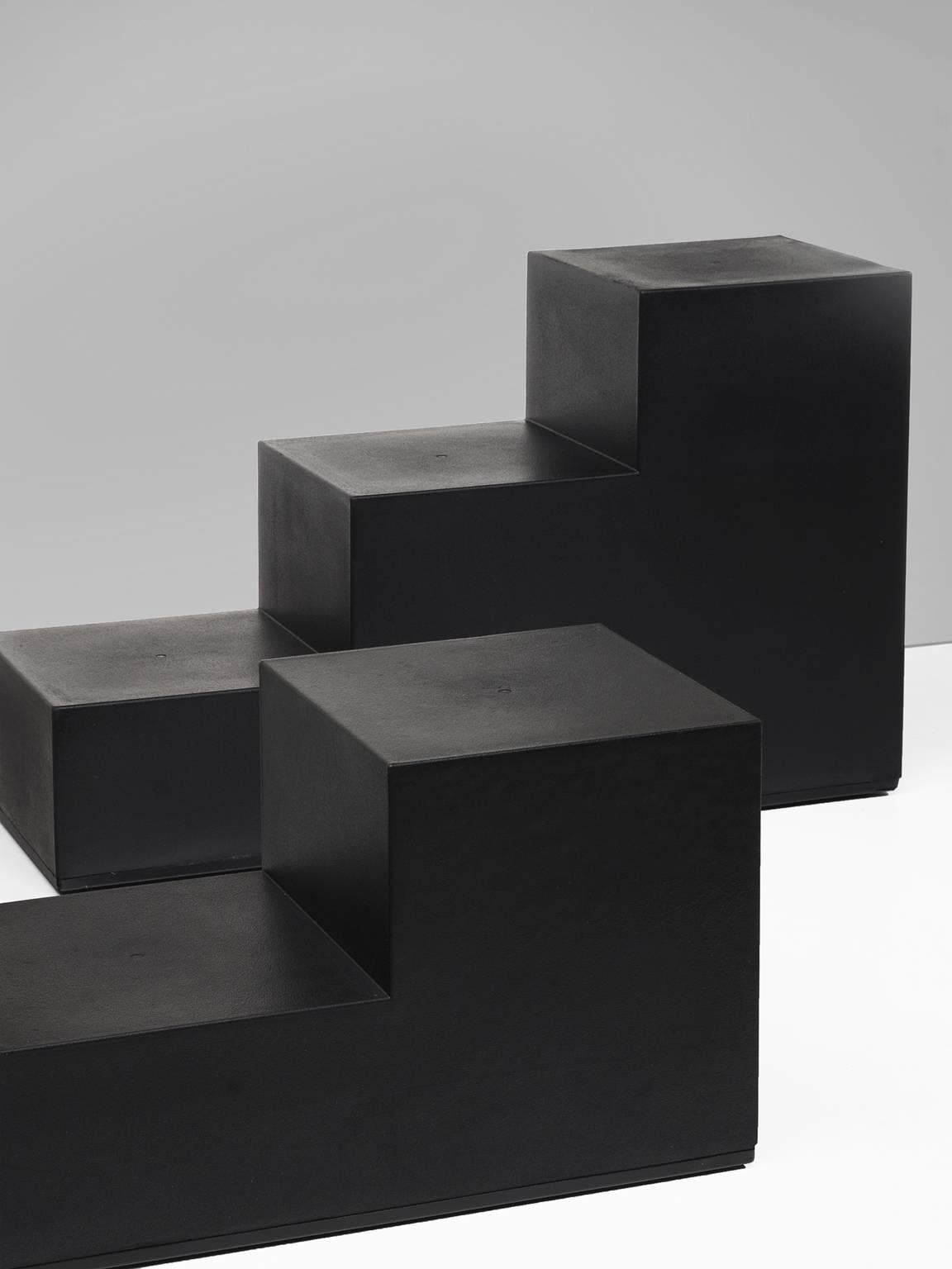 Side tables or seats, polyurethane in black, Mario Bellini for B&B, Italy, 1971. 

These versatile 'chess' building blocks can be used both as tables or seats. Signed with manufacturer's marks C&B and are made out of self-skinning polyurethane.