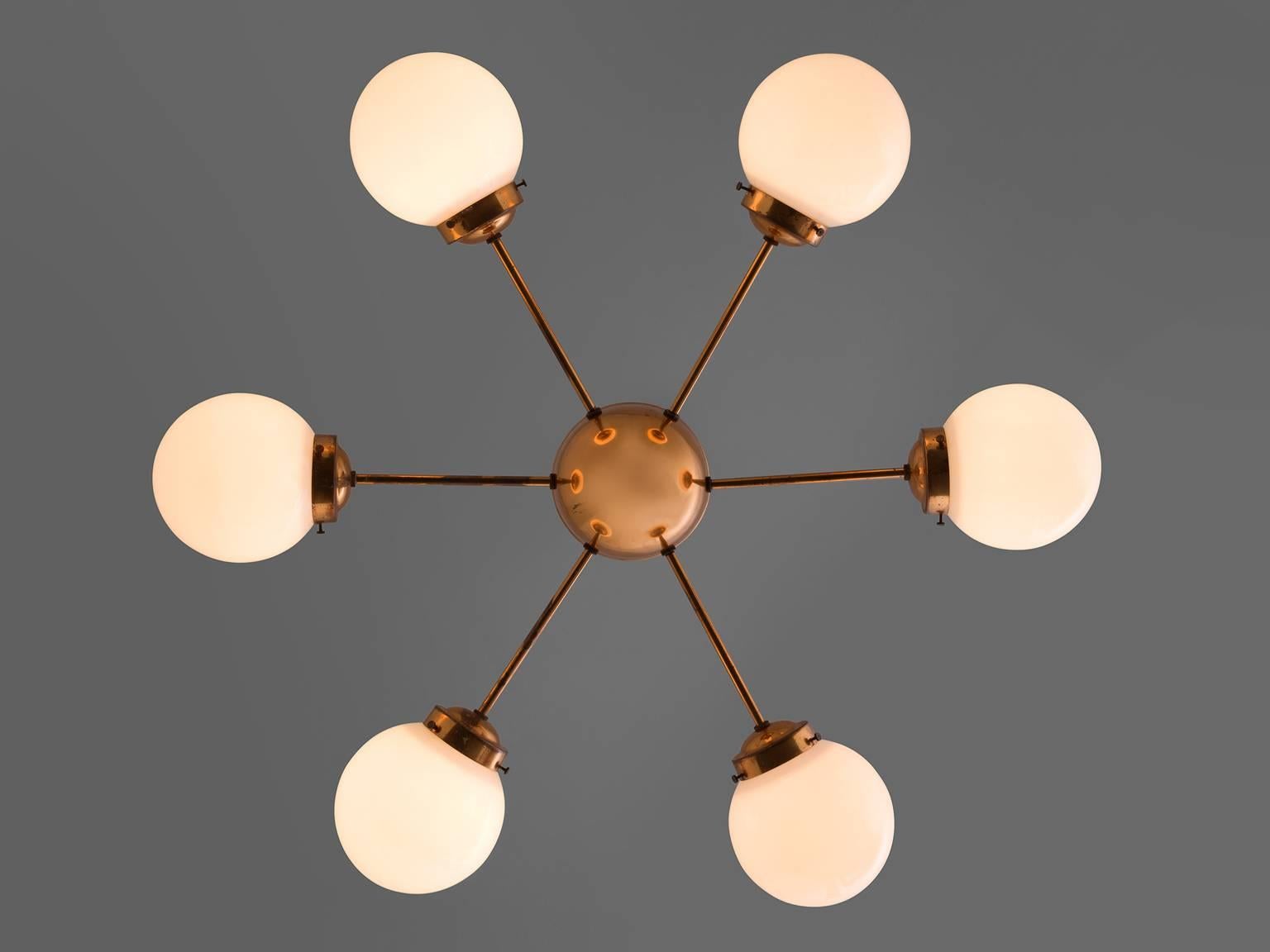 Mid-Century Modern Set of Five Sputniks in Copper and Opaline Glass