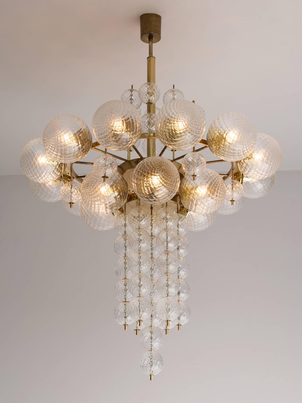 Mid-Century Modern Large Chandelier in Brass with Structured Glass