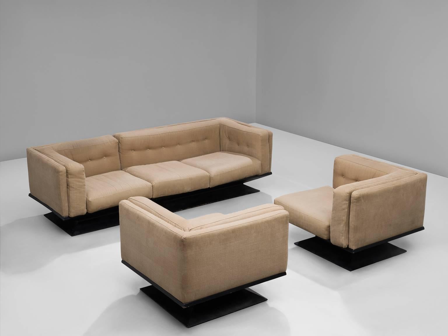 Lounge set with two club chairs and sofa by Luigi Pellegrin form MIM Roma, polyester, fabric, Italy, 1957.

This lounge set is upholstered with a beige fabric and features a polyester trapeze or hourglass base. Because of the design of the
