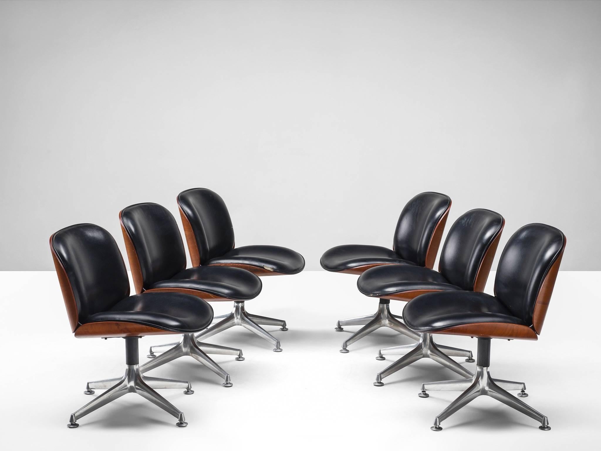 Set of six desk chairs, in metal, faux-leather and veneered walnut by Ico Parisi for MIM Roma, Italy, 1950s.

Set of six office chairs from the 'Terni' series of Ico Parisi for MIM Roma. These chairs have the characteristic shell of Ico Parisi.
