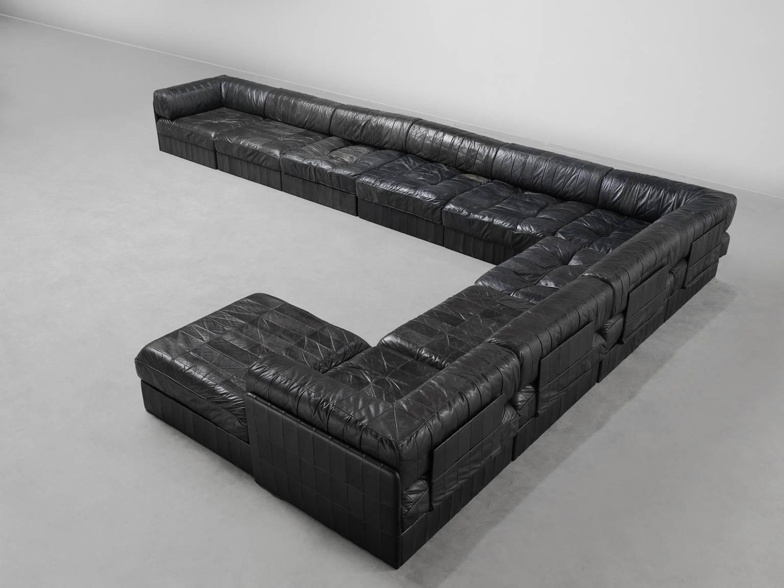 Sofa, DS11 sofa, black patinated leather, 1970s. 

This comfortable leather sofa is manufactured by De Sede in Switzerland. Sectional sofa by the Swiss quality manufacturer De Sede. This sofa consists of seven elements of which one is without