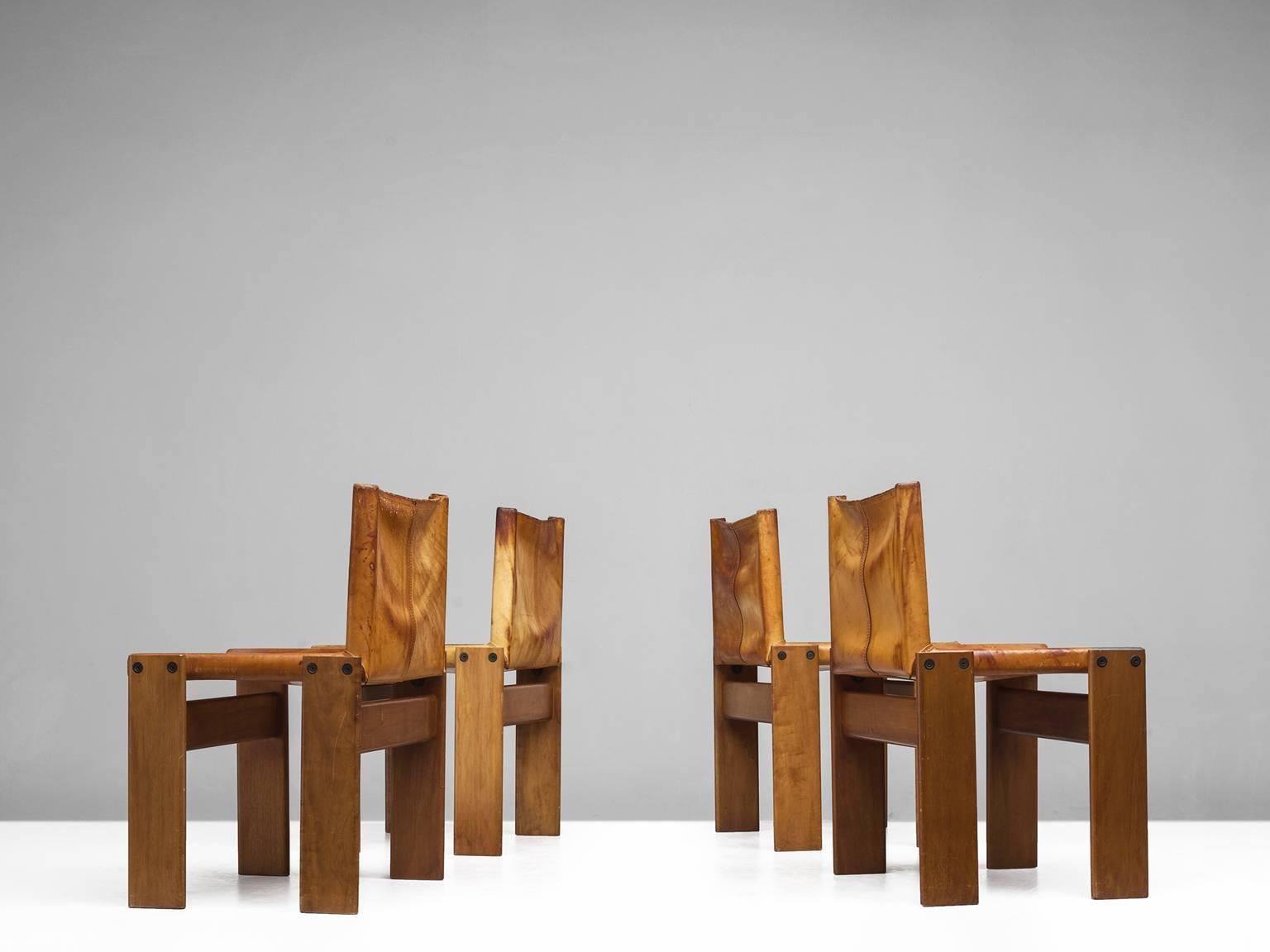 Italian Scarpa Monk Chairs in Patinated Cognac Leather