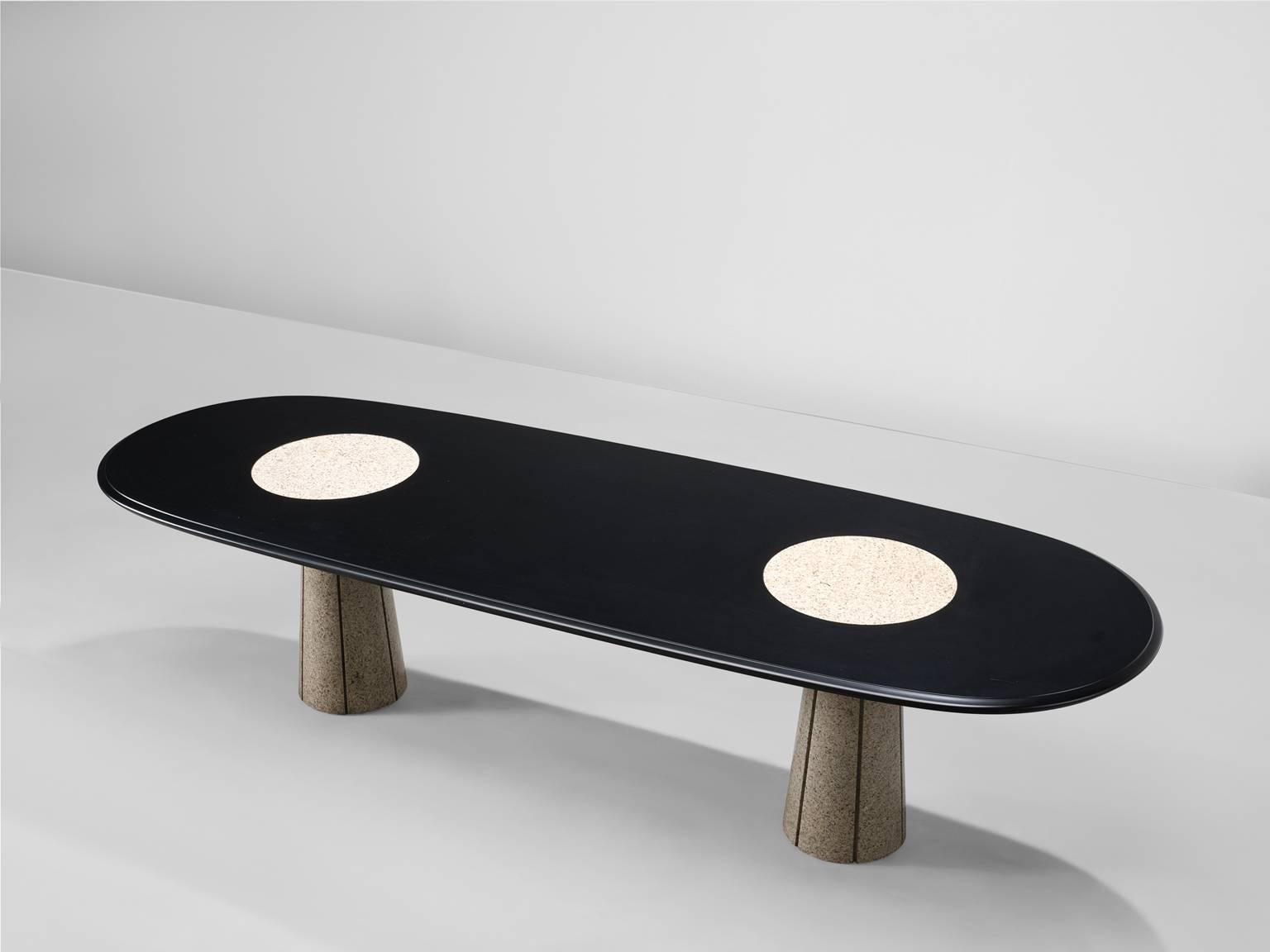 Conference table, marble, metal and plywood, attributed to Saporiti, Italy, 1970s. 

This oval marble and wooden table is exemplary for the postmodern design of the postwar Italian era. It is playful, linked to former styles and architectural. The